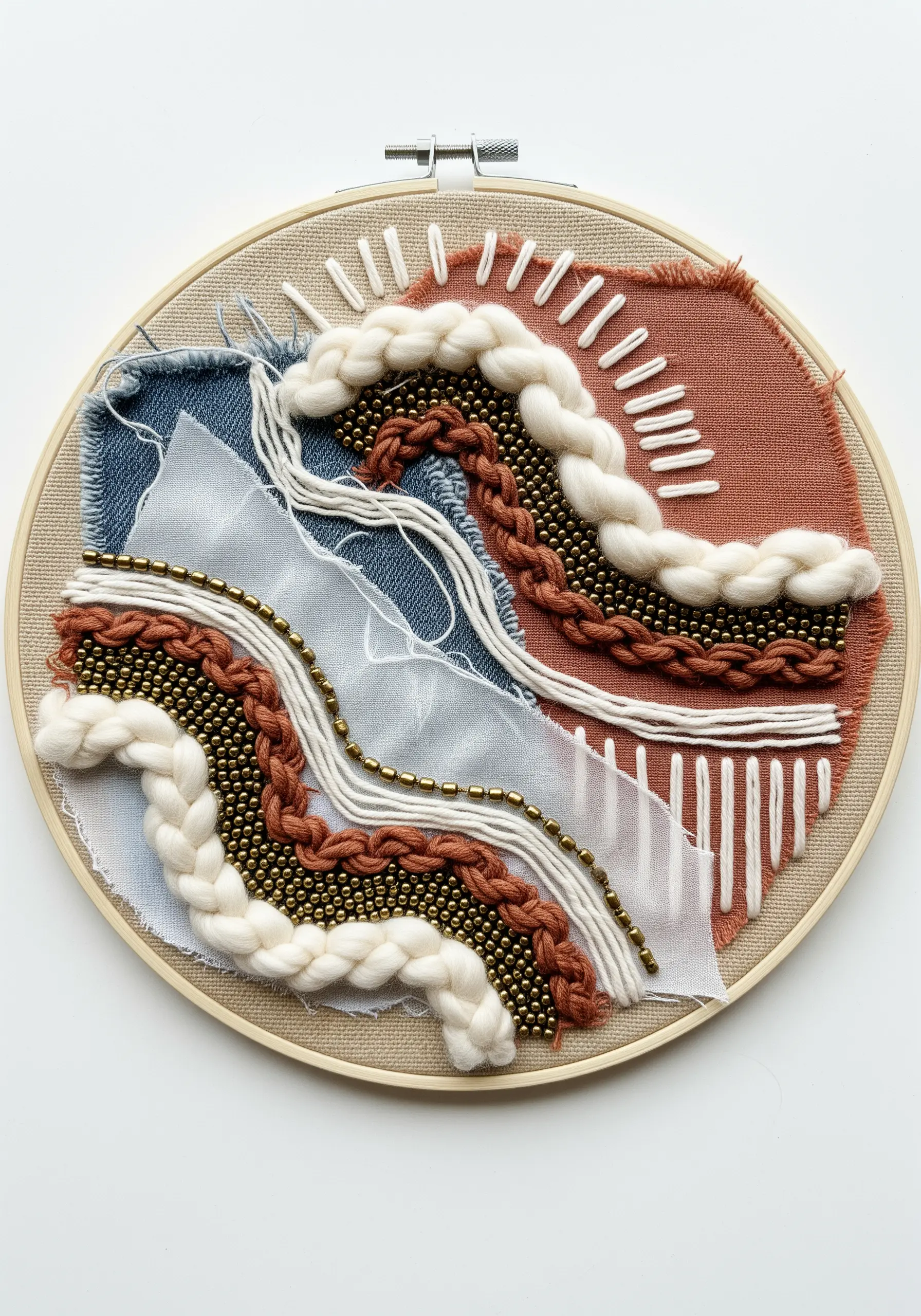 Abstract wave embroidery with braided yarn, beads, and layered fabric scraps in a hoop.