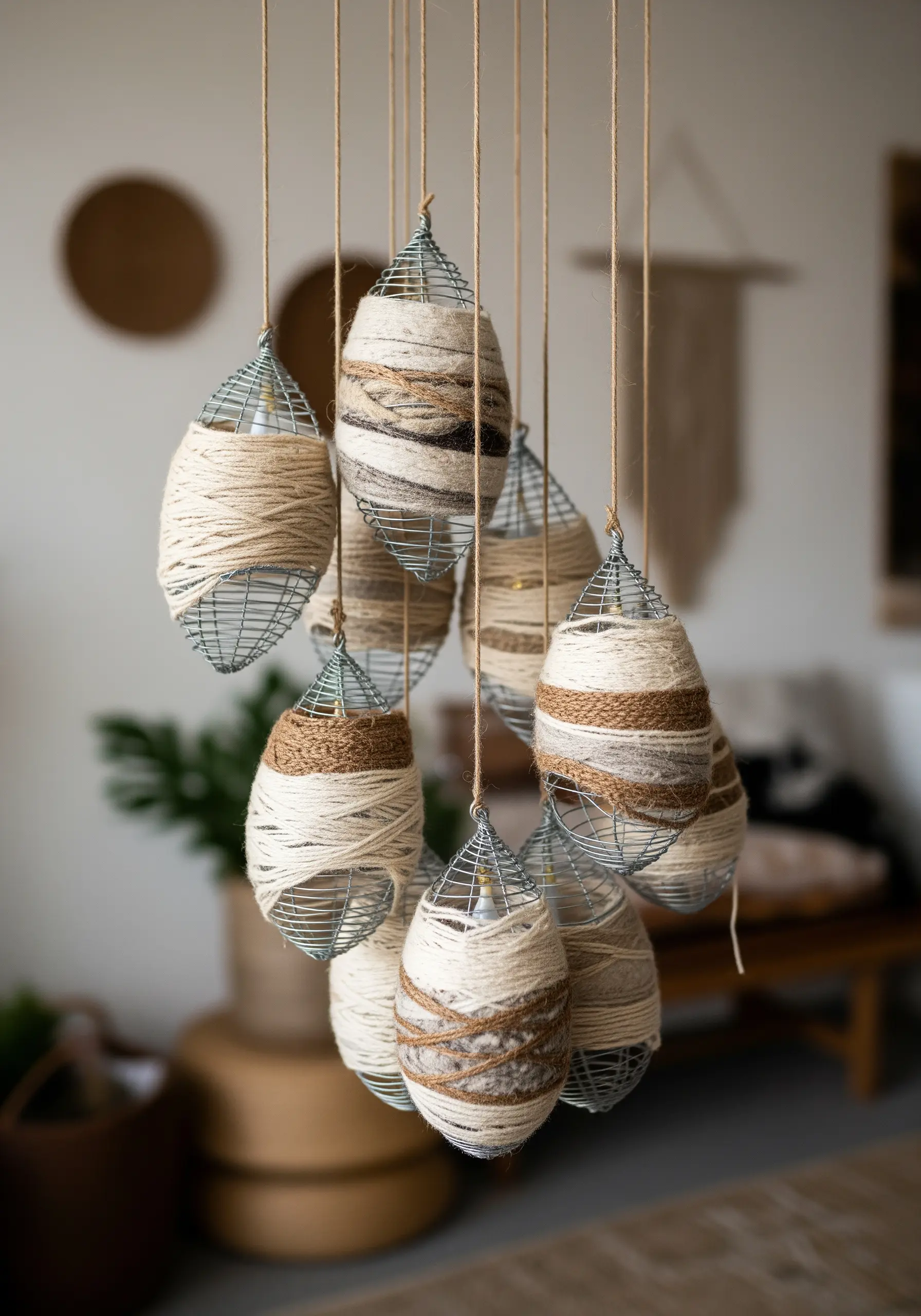 A mobile of teardrop-shaped wire cages wrapped with bands of neutral-toned, textural yarns.