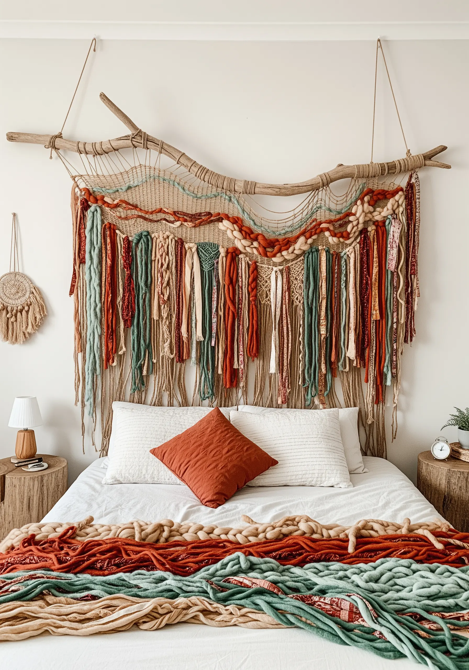 A woven wall hanging serving as a headboard, constructed on a large, curved driftwood branch.
