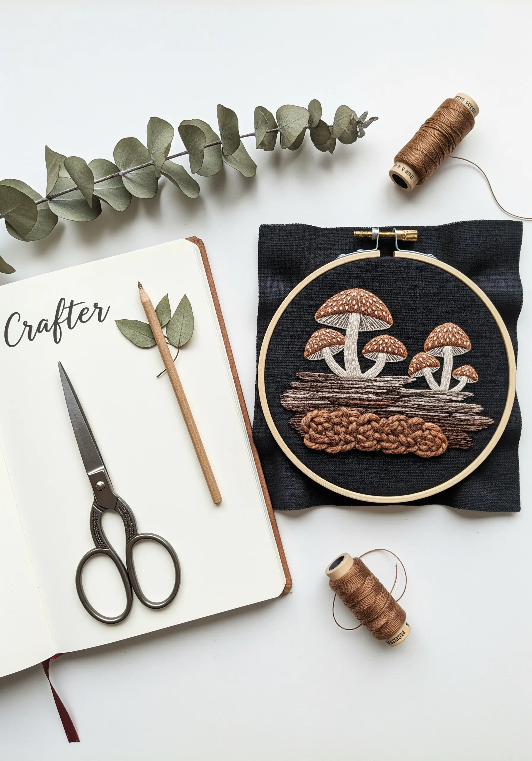 Embroidery hoop with mushrooms, featuring a highly textured, woven stitch for the log base.