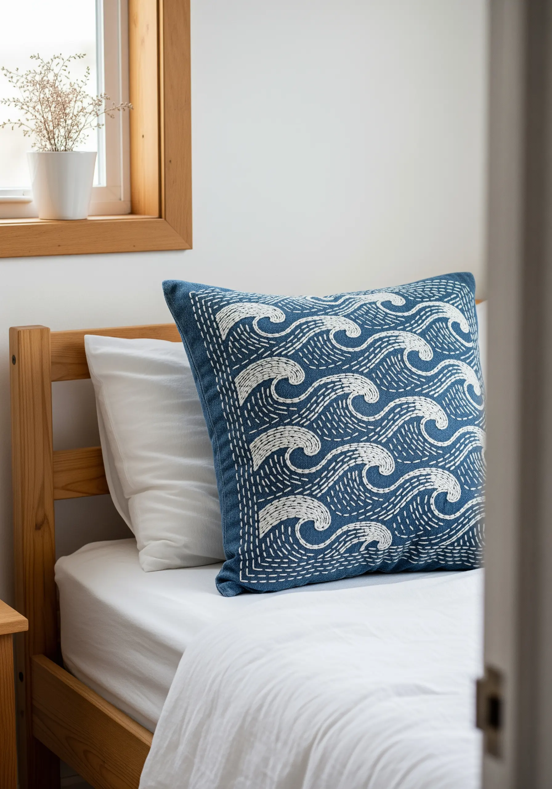 A blue pillow with a graphic wave pattern stitched in thick white running stitch.