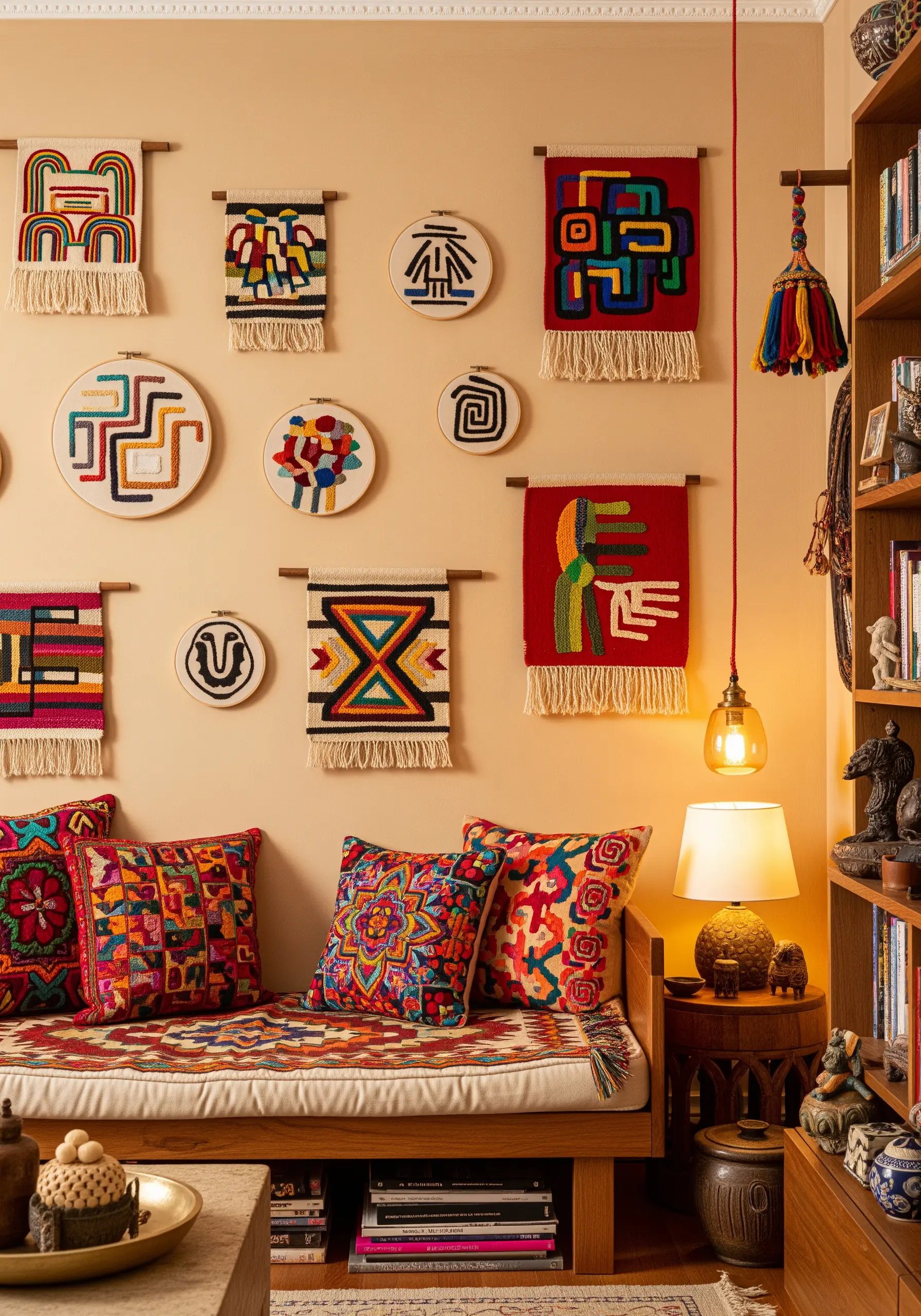 An eclectic gallery wall featuring embroidery hoops, woven hangings, and abstract fiber art.
