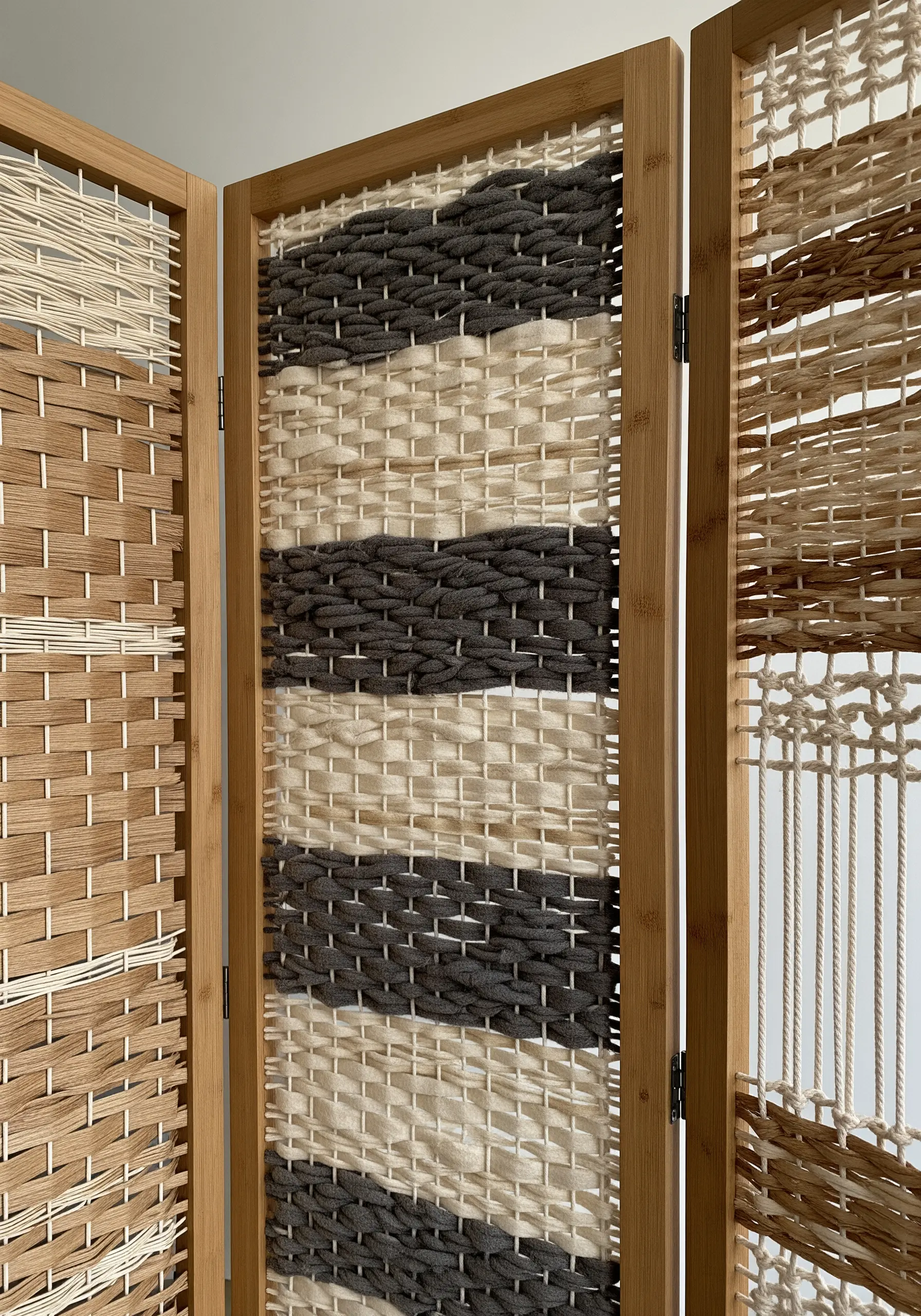 A wooden folding screen with its panels filled with woven wool and cord.