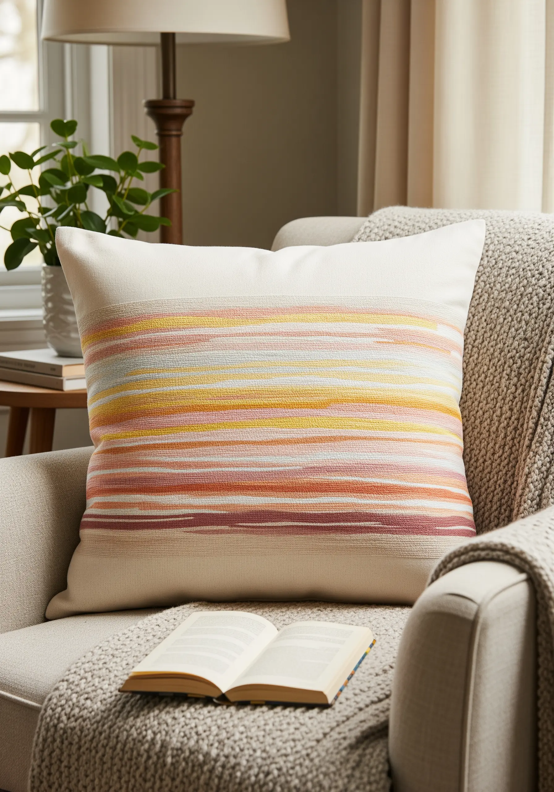 A throw pillow with horizontal embroidered stripes in a warm sunset palette of yellow, pink, and red.