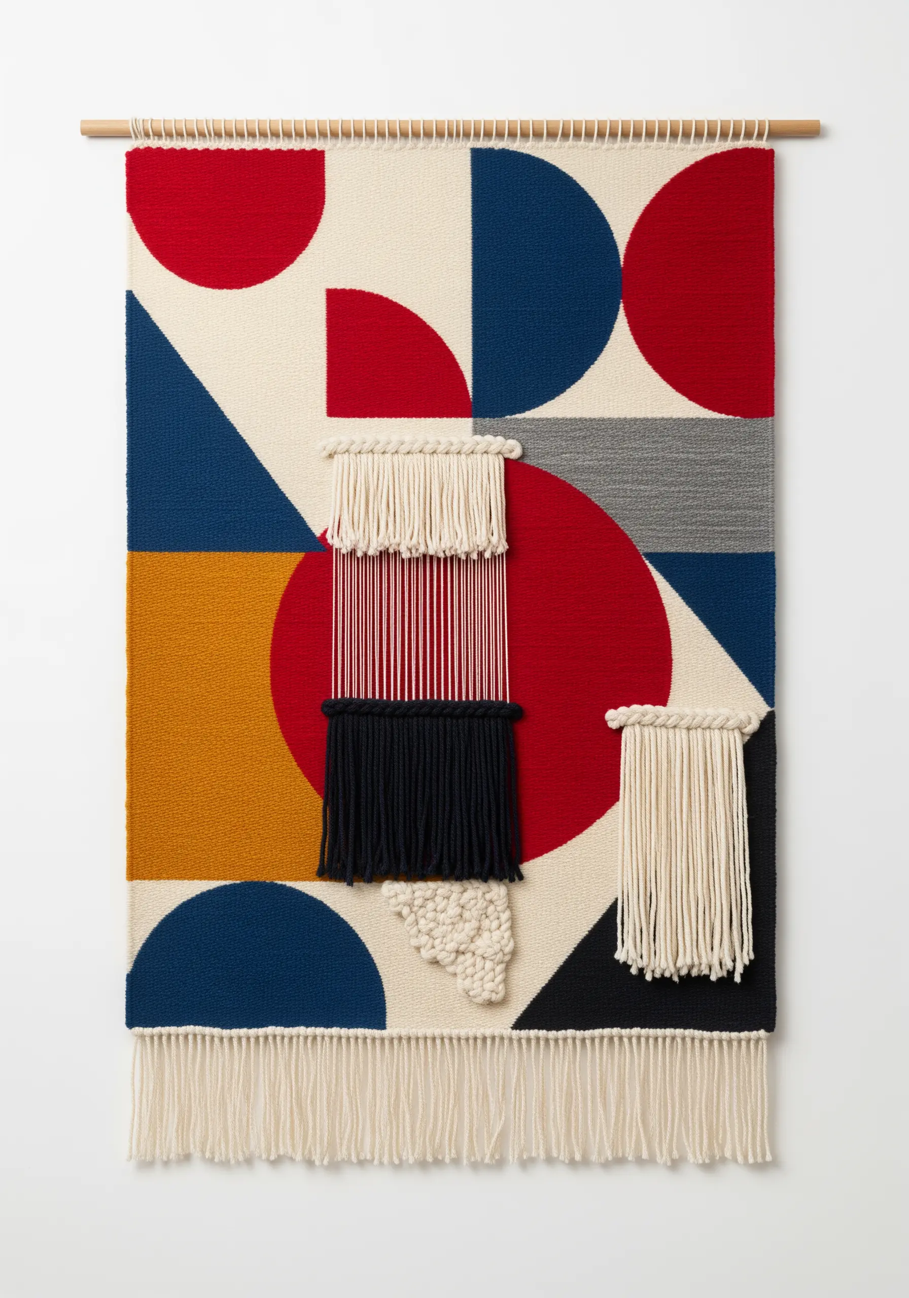 Woven wall hanging with red, blue, and yellow geometric shapes and textural fringe details.
