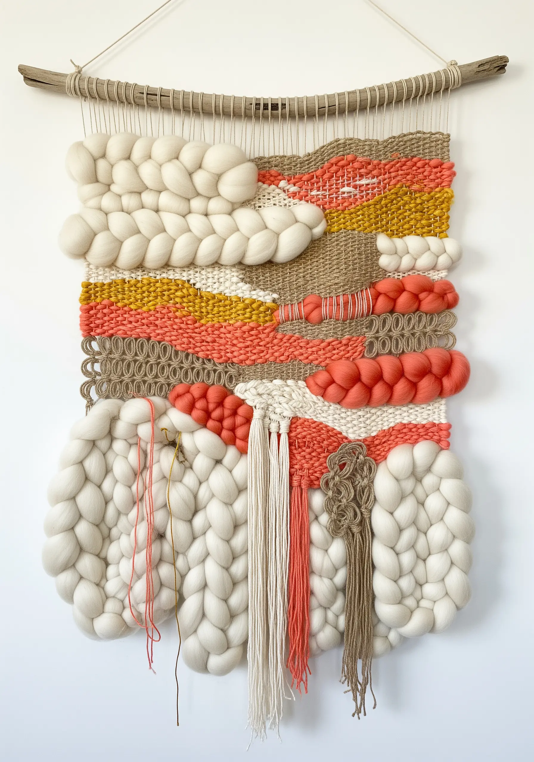 Woven wall hanging with chunky wool roving, fine yarns, and driftwood hanger.