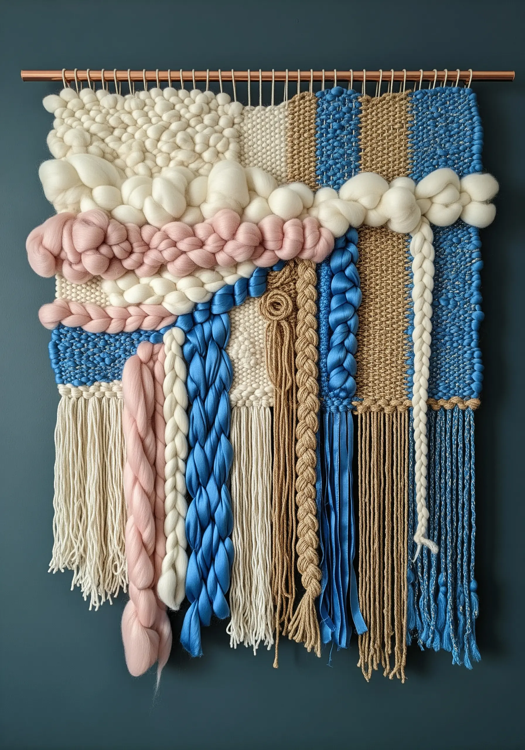 Woven wall hanging with chunky wool roving, braids, and textural stitches in blue, pink, and cream.