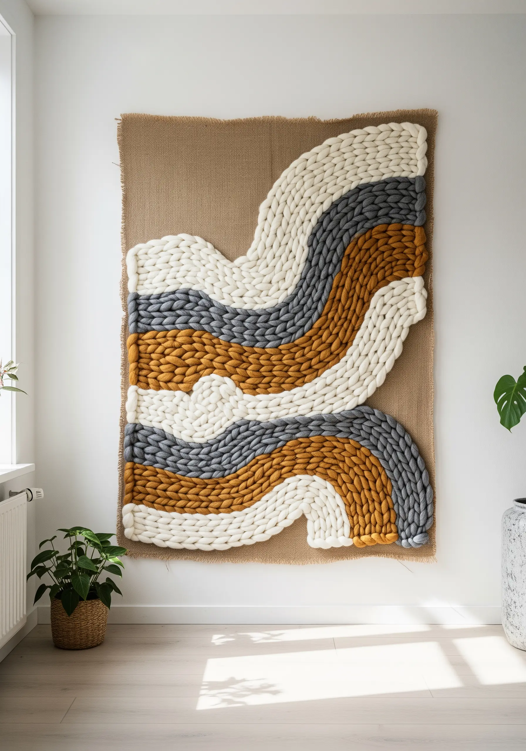A large wall hanging made with chunky woven wool roving in abstract waves of white, grey, and ochre.