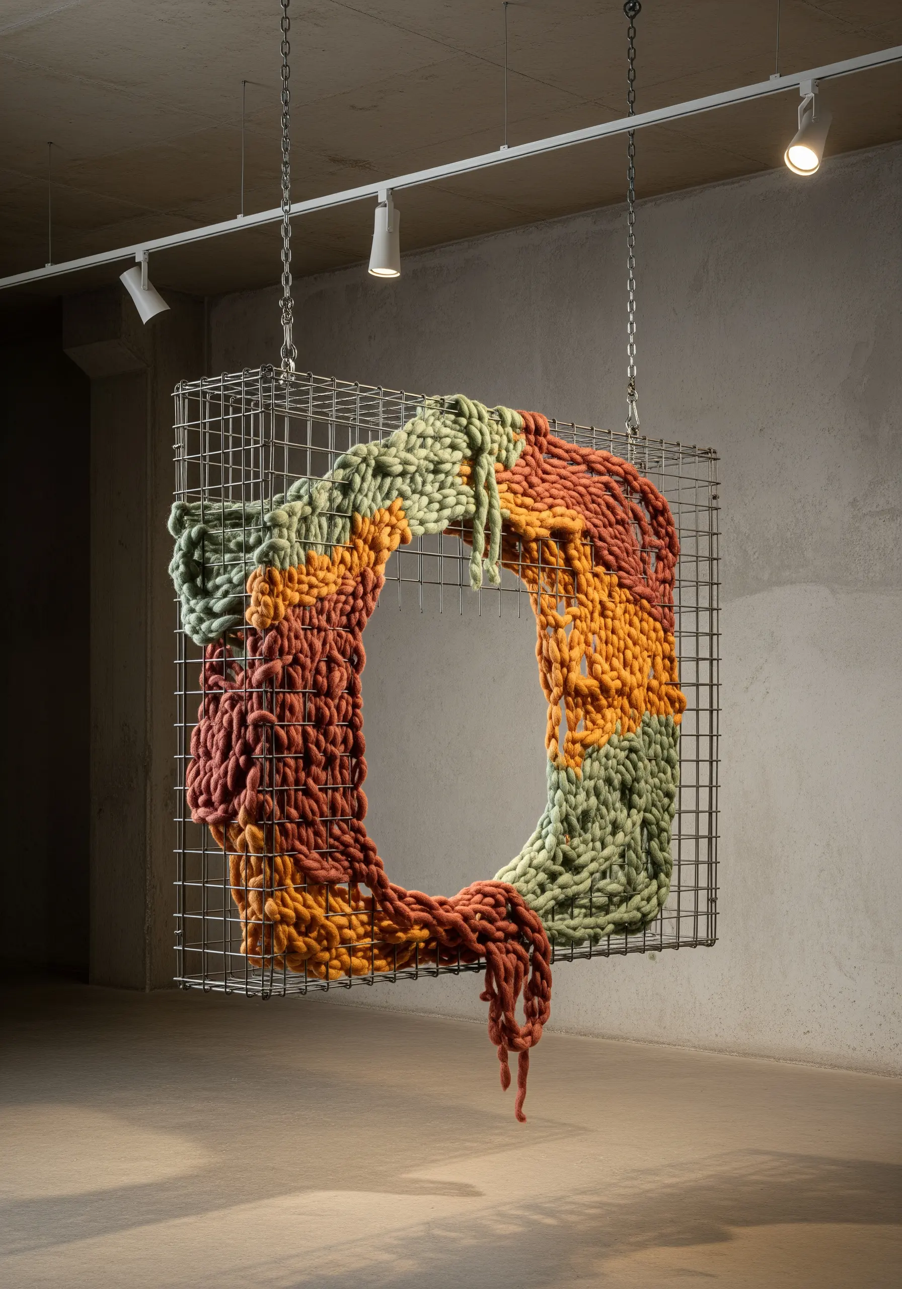 Chunky wool yarn in earth tones woven through a square metal grid suspended from the ceiling.