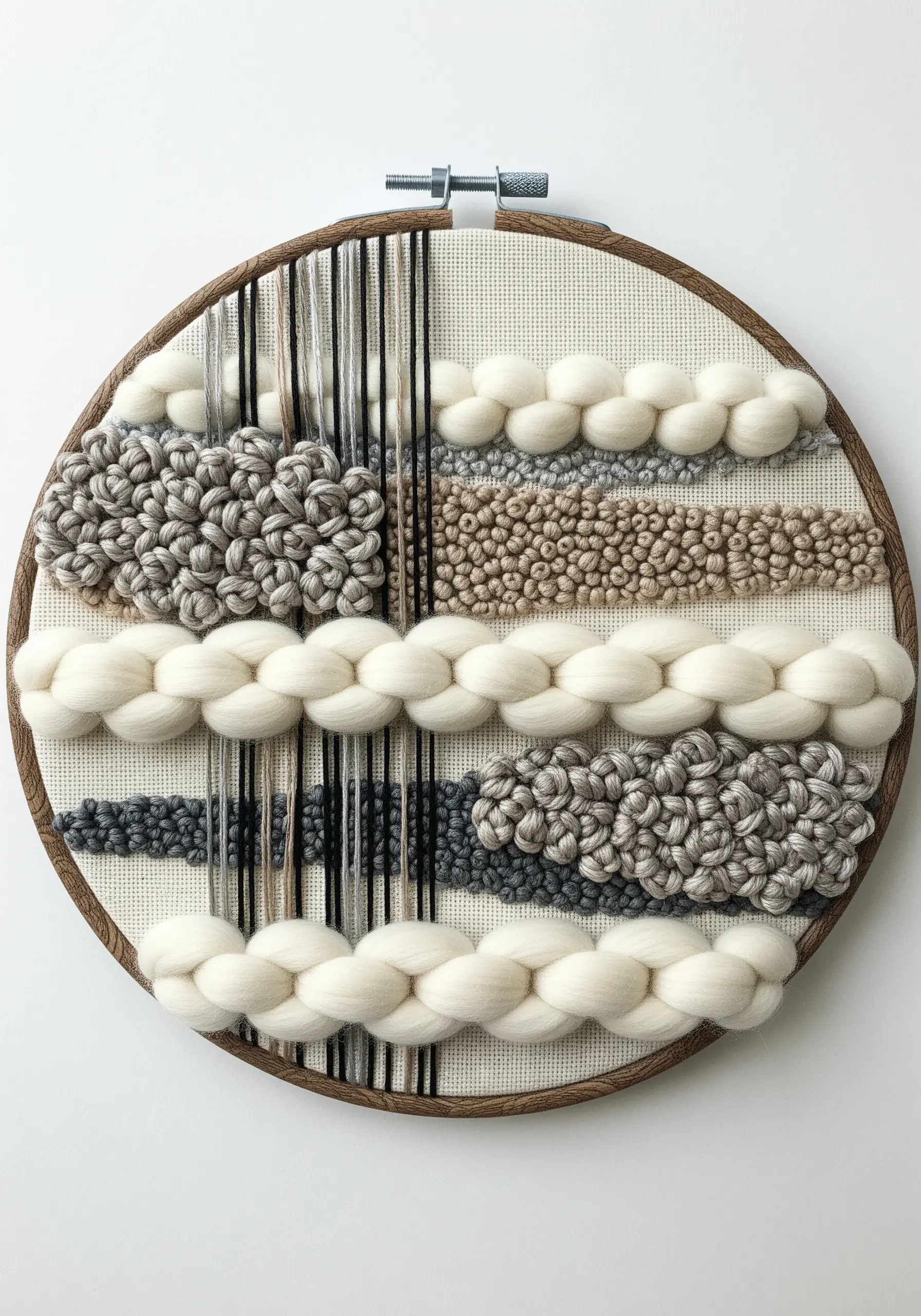 Abstract hoop art in neutral tones with thick wool roving, French knots, and straight threads.