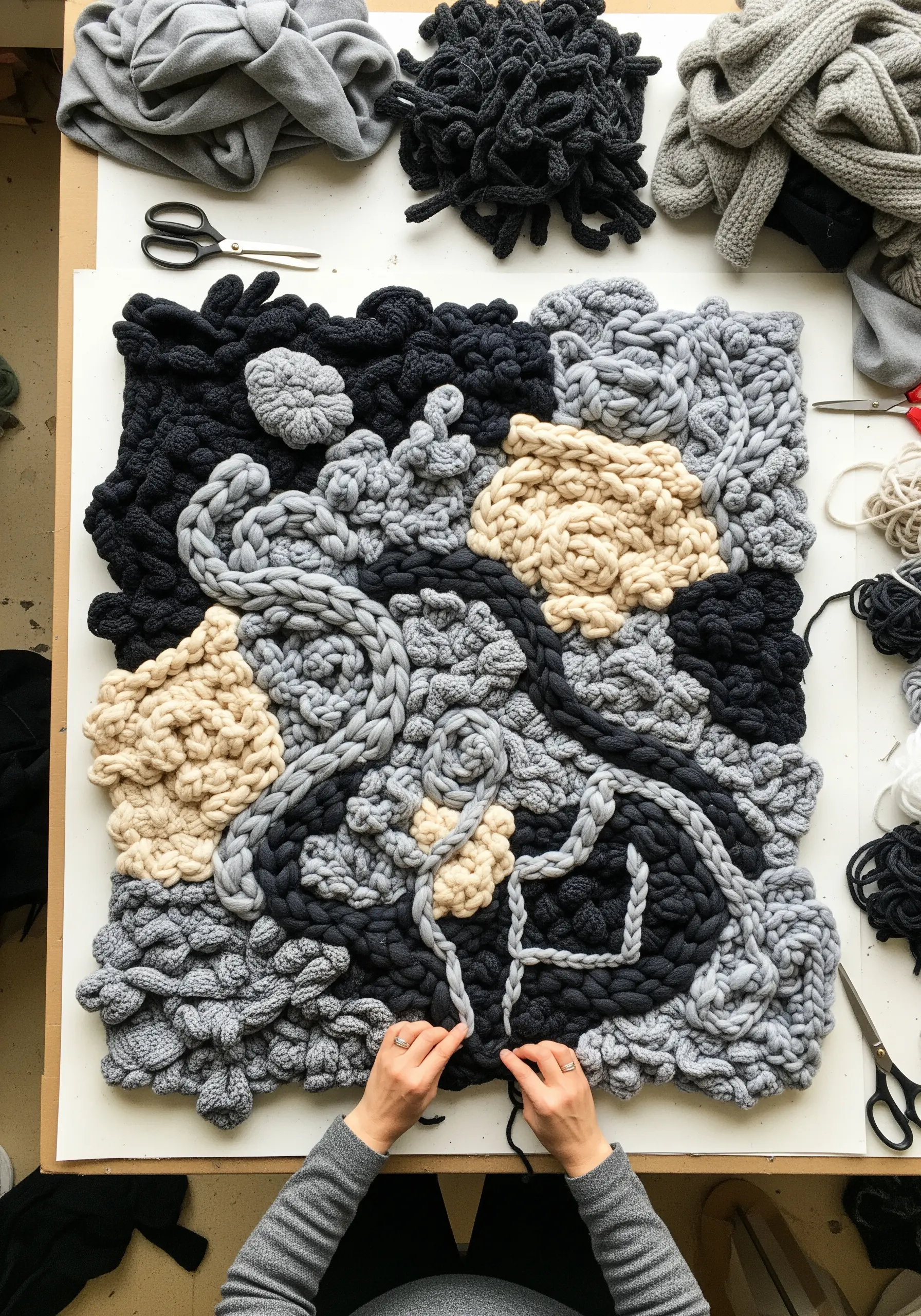 Abstract wall hanging made from chunky, hand-knitted t-shirt yarn in neutral colors.