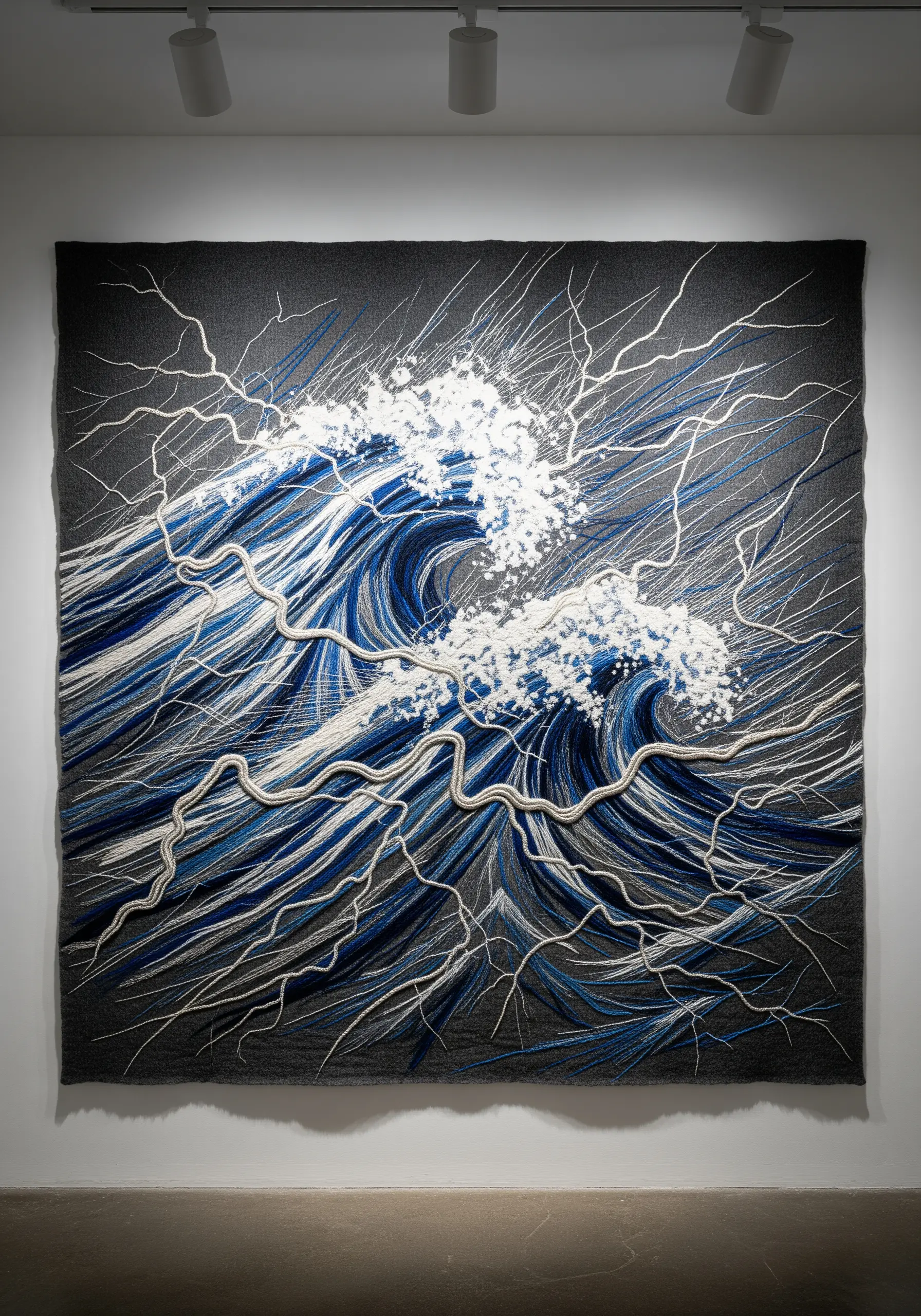 A large tapestry of a stormy sea with dramatic waves, lightning, and sea spray.