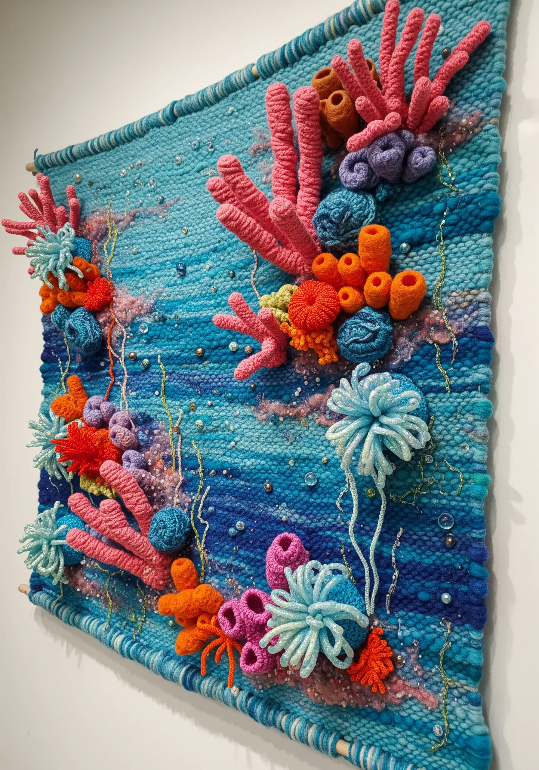 Colorful woven wall hanging with 3D coral structures made from yarn and beads.