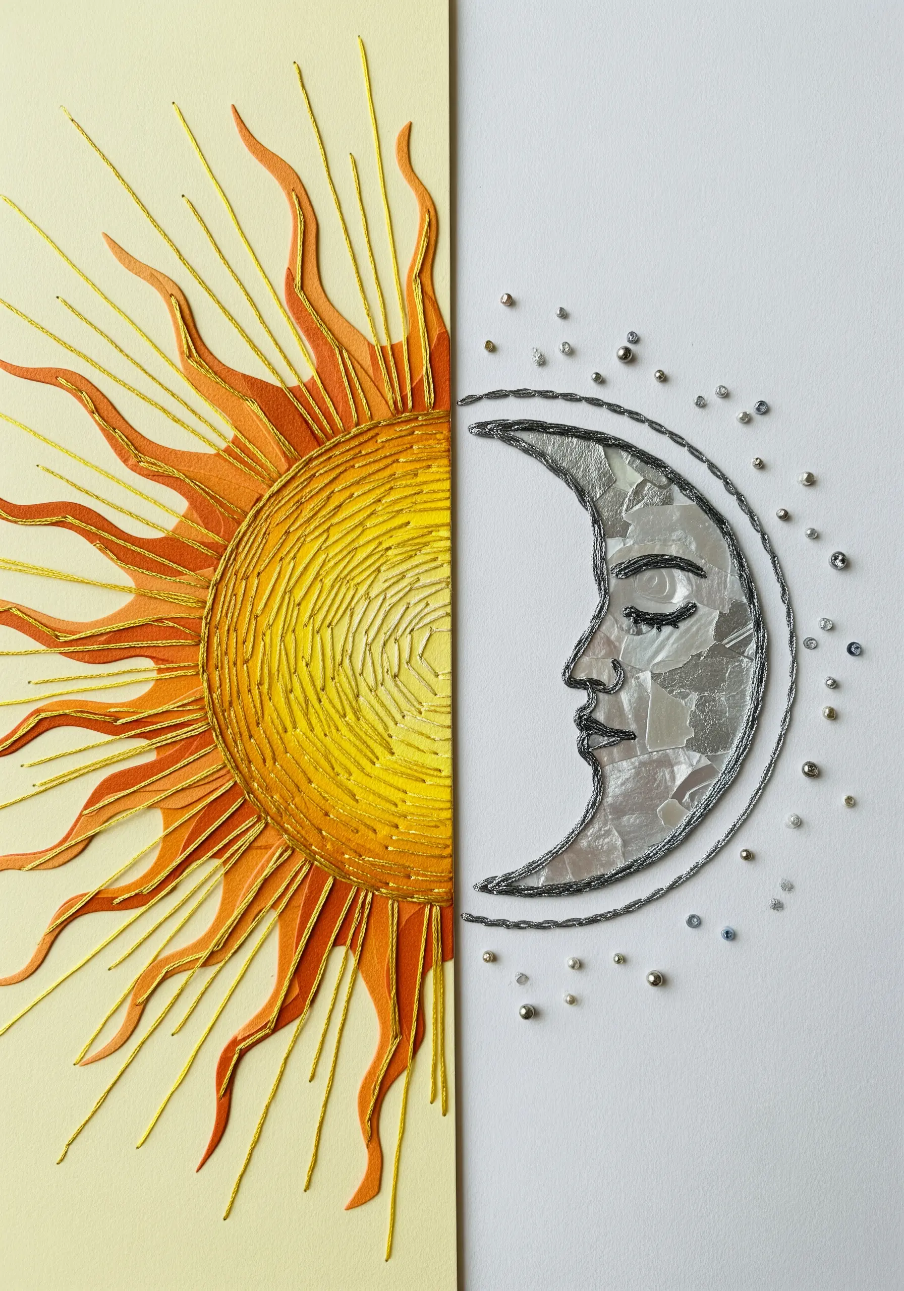 A split composition with a densely stitched yellow sun and a silver paper collage moon.