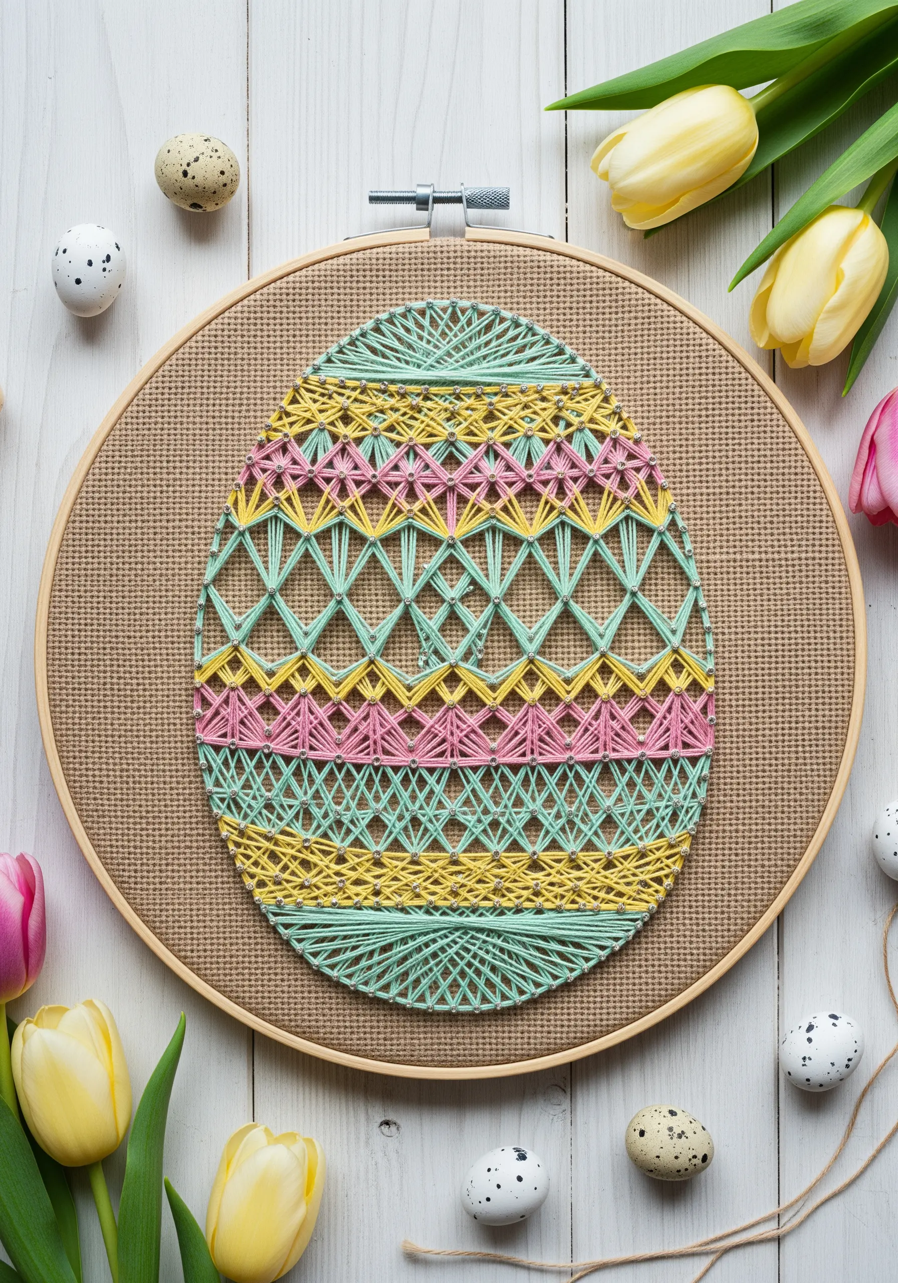 Colorful geometric string art Easter egg with patterned bands on burlap fabric.