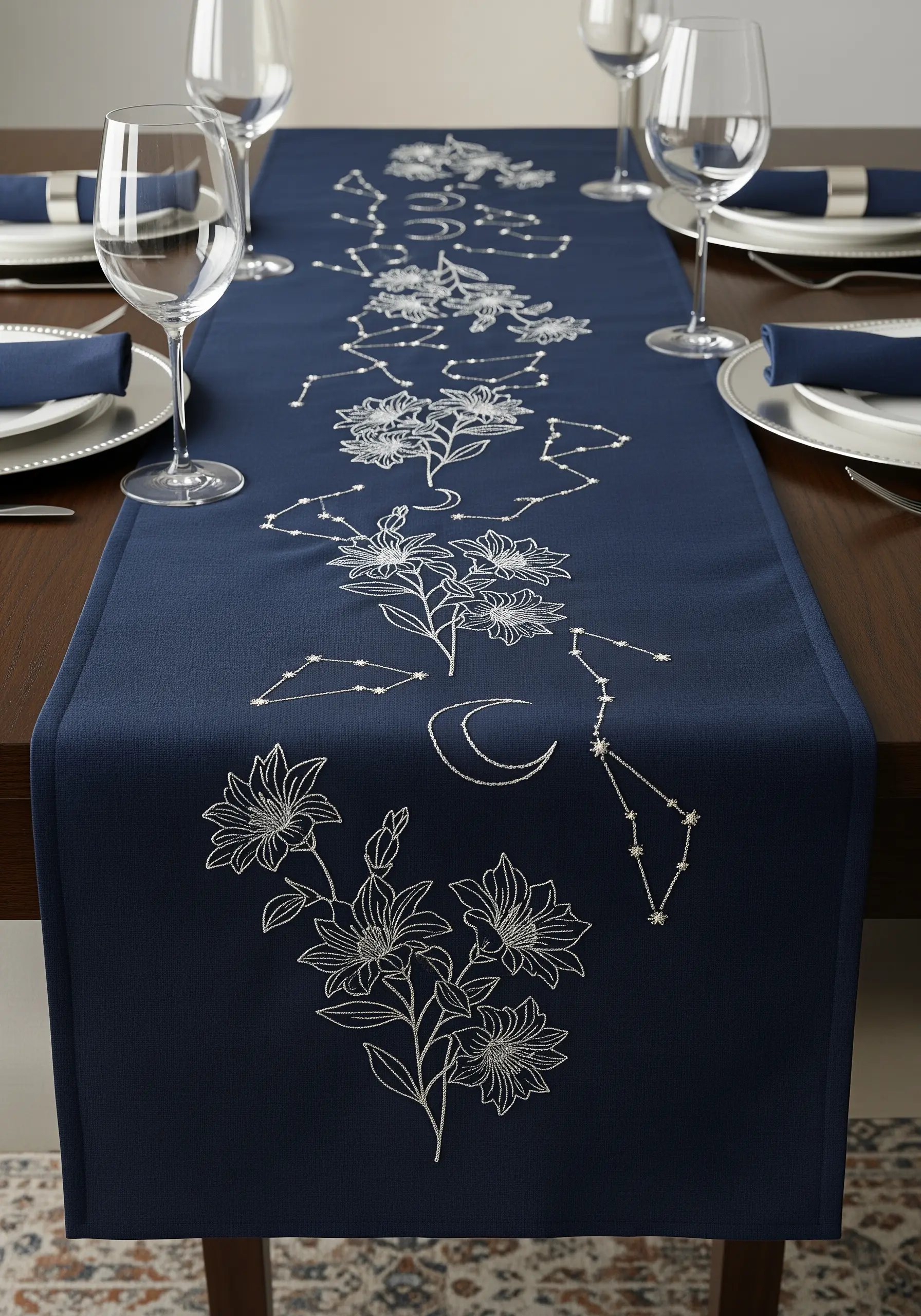White embroidery of flowers interwoven with celestial constellations on a navy blue runner.