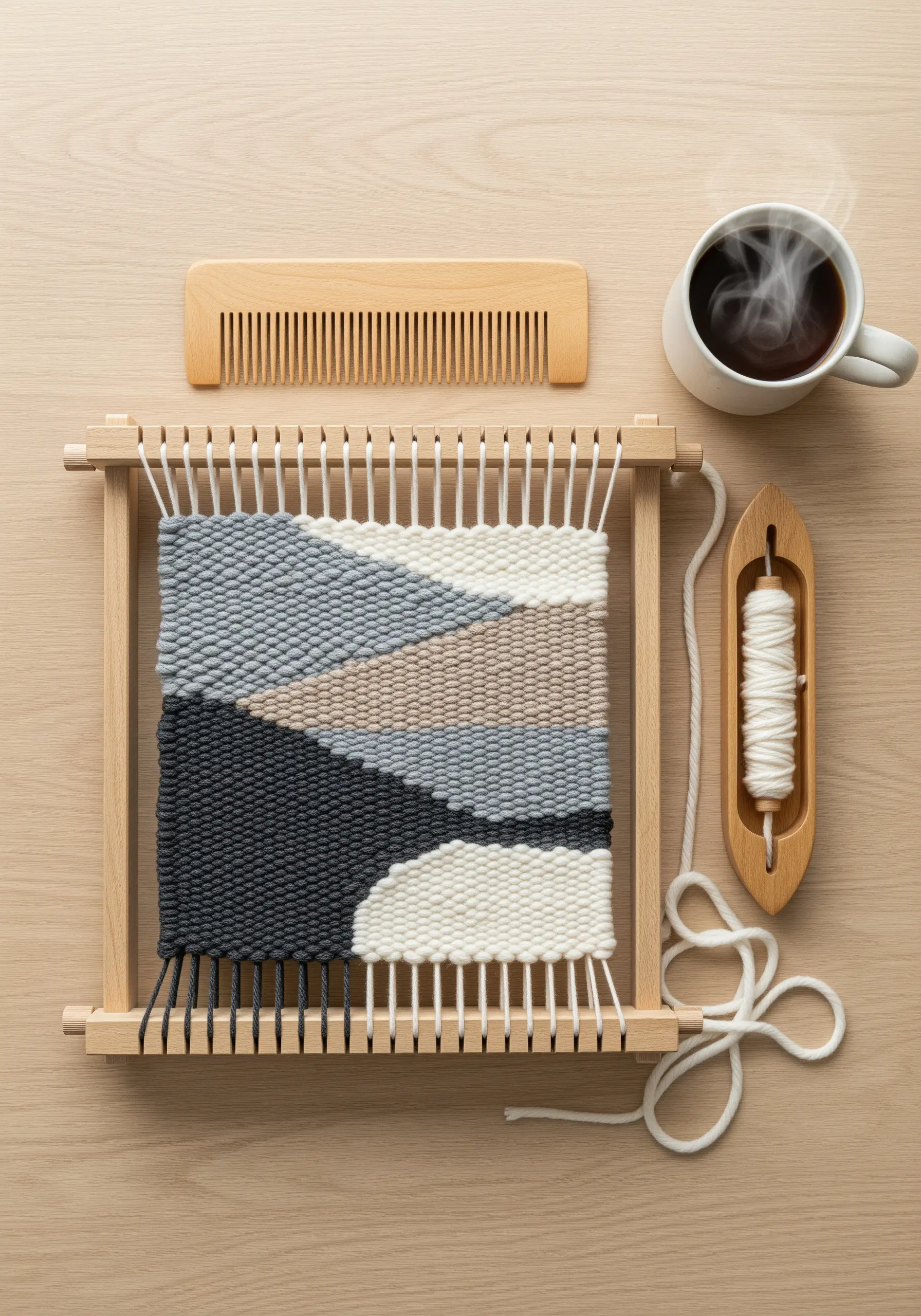 Small lap loom with a geometric weaving in progress, featuring neutral and blue tones.