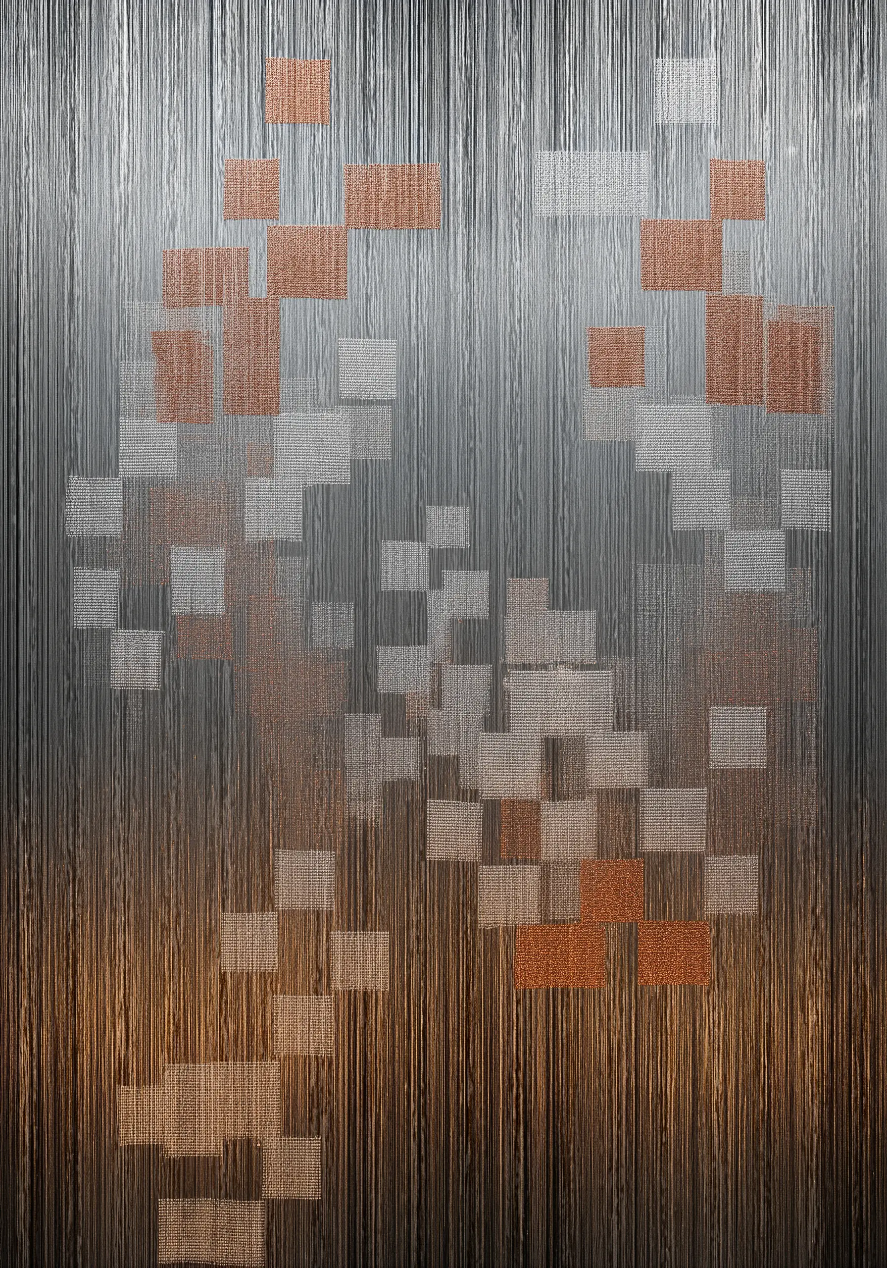 Abstract fiber art with vertical threads and woven blocks of color creating a pixelated effect.