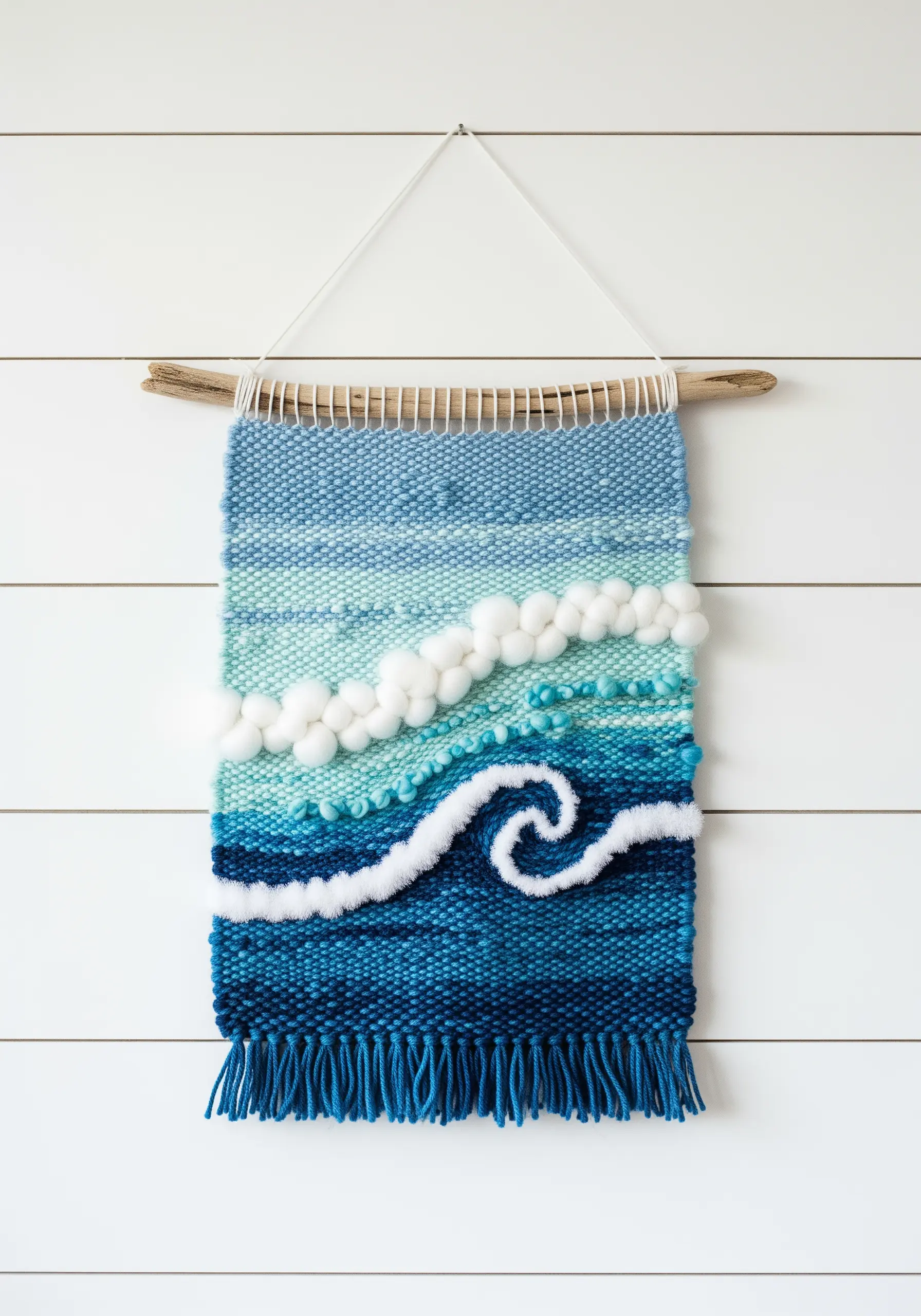 Woven wall hanging depicting an ocean wave using various blue yarns and fluffy white roving for foam.