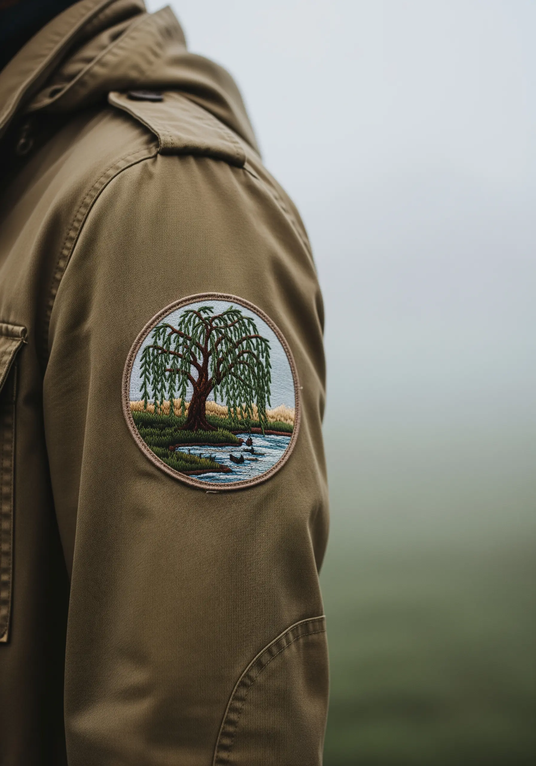 Circular embroidered patch of a weeping willow tree by a river on a khaki jacket sleeve.