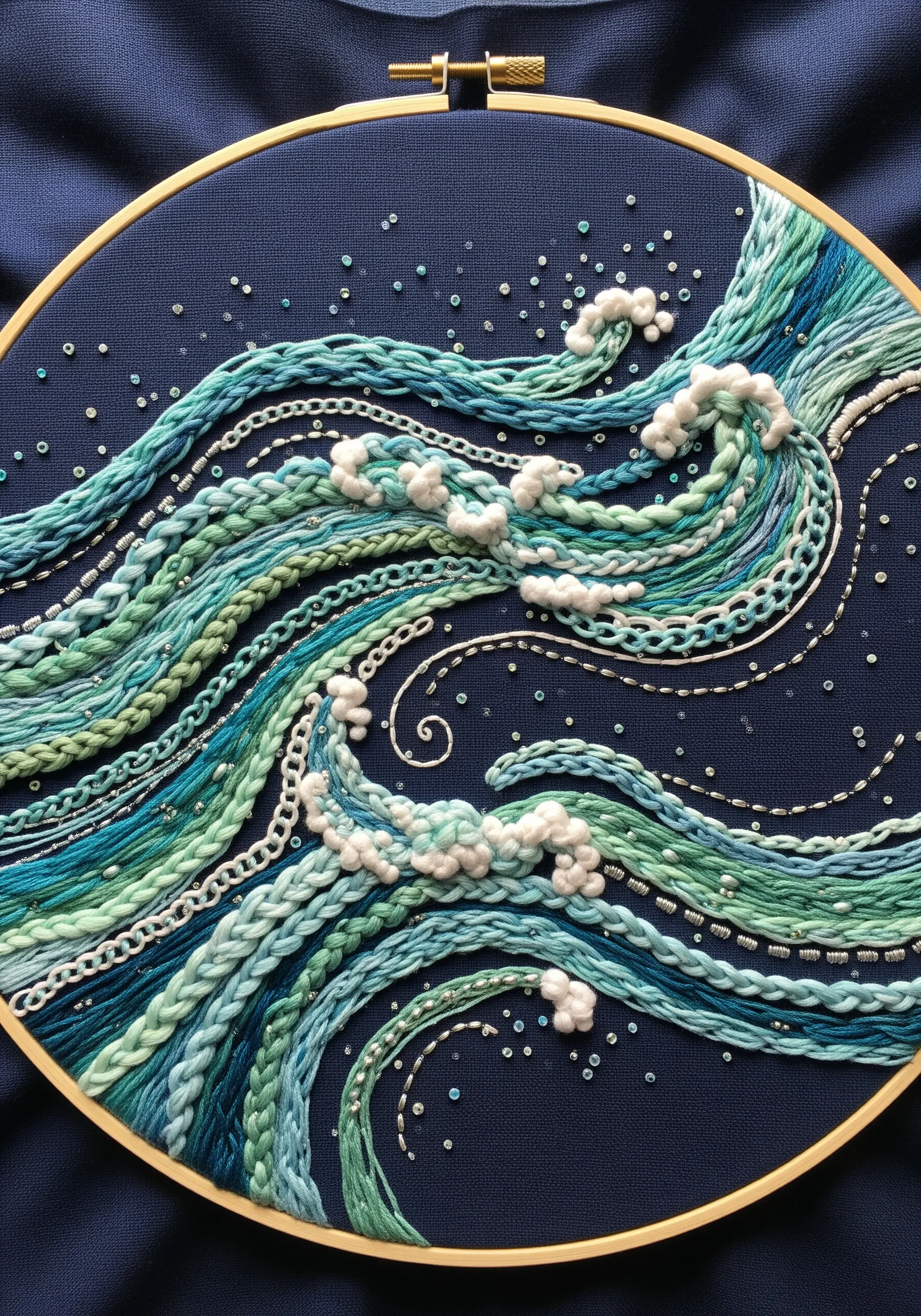 Mixed-texture embroidery of ocean waves with braids, chains, and beads on navy fabric.