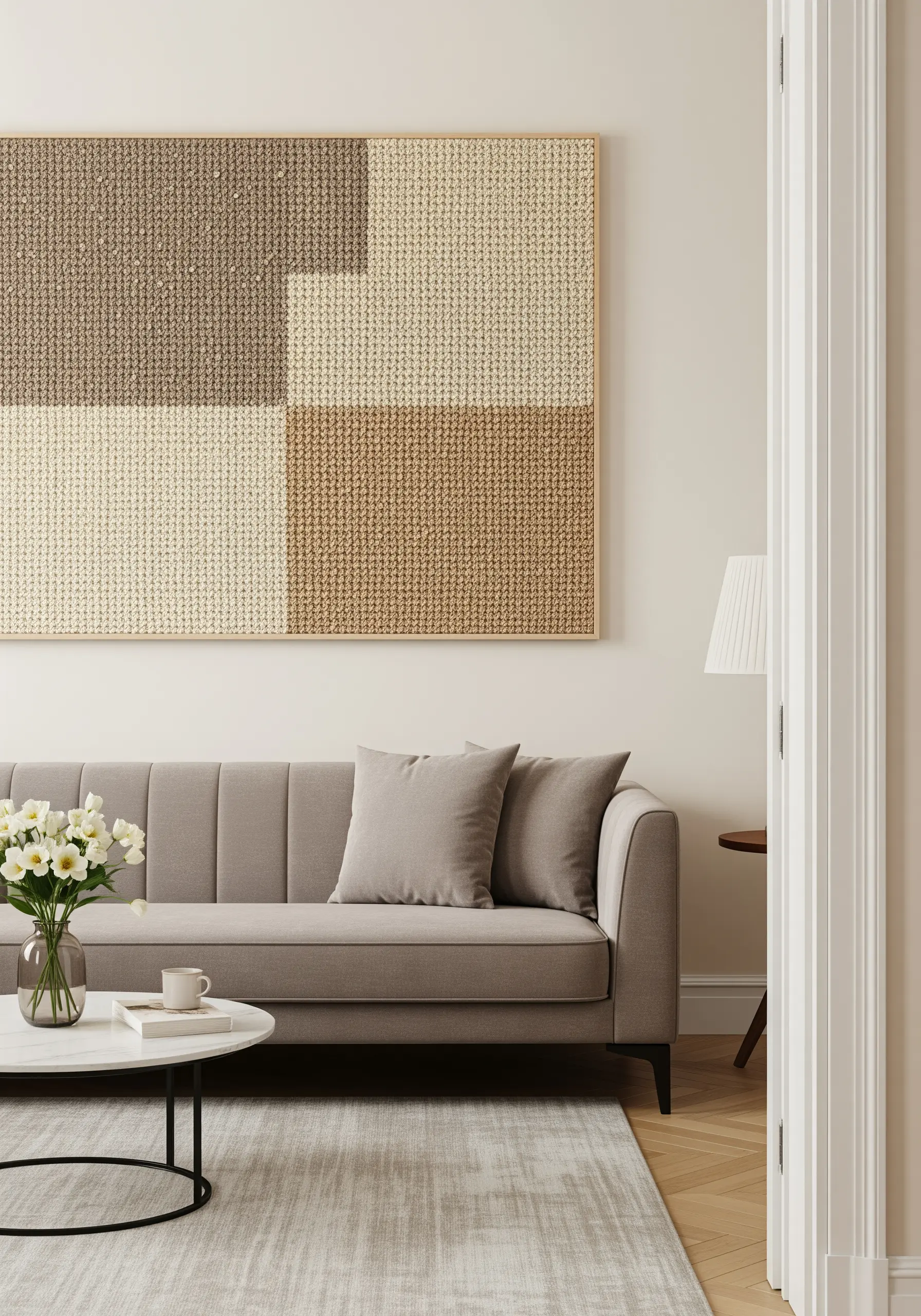 A large, framed piece of geometric color-blocking using textured fill stitches in neutral tones.