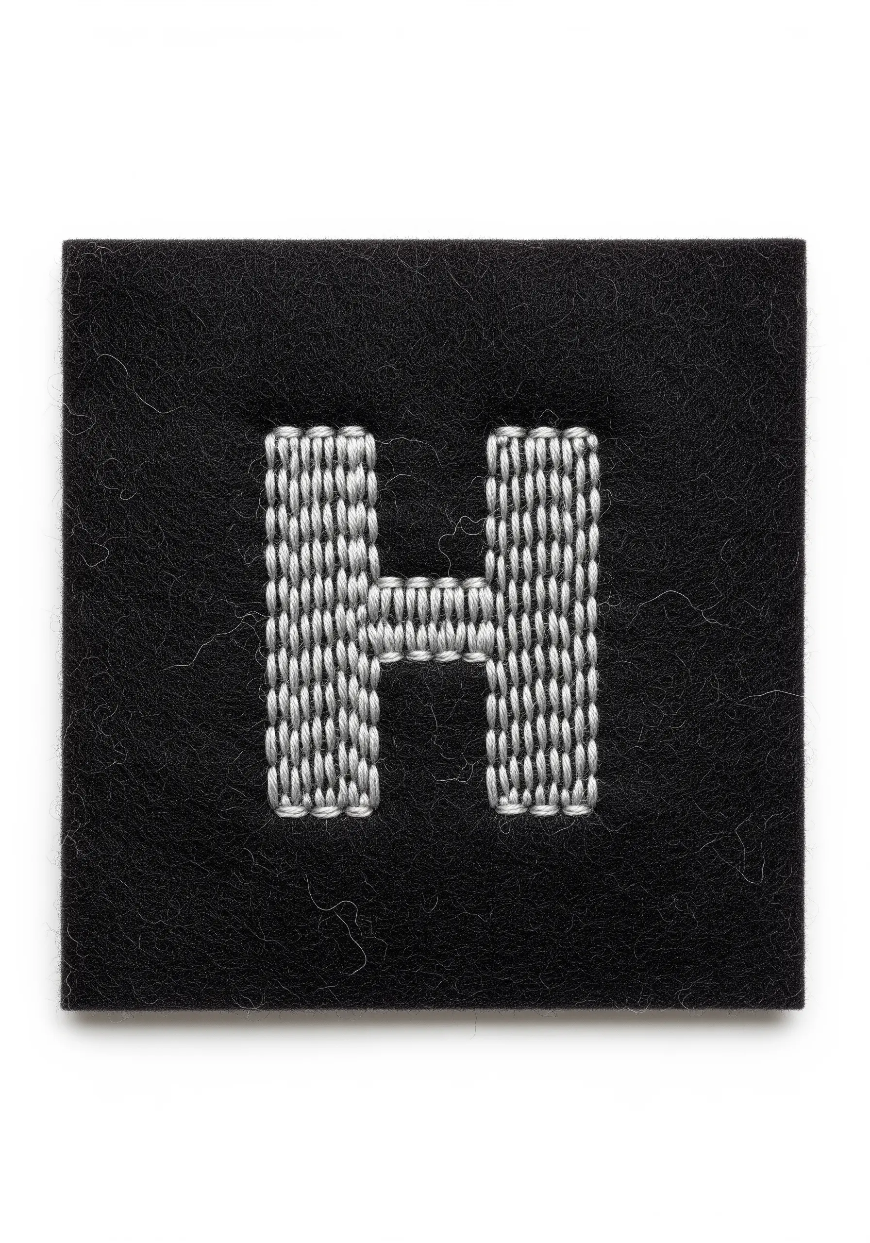 A silver woven stitch letter 'H' on a square of black felt.