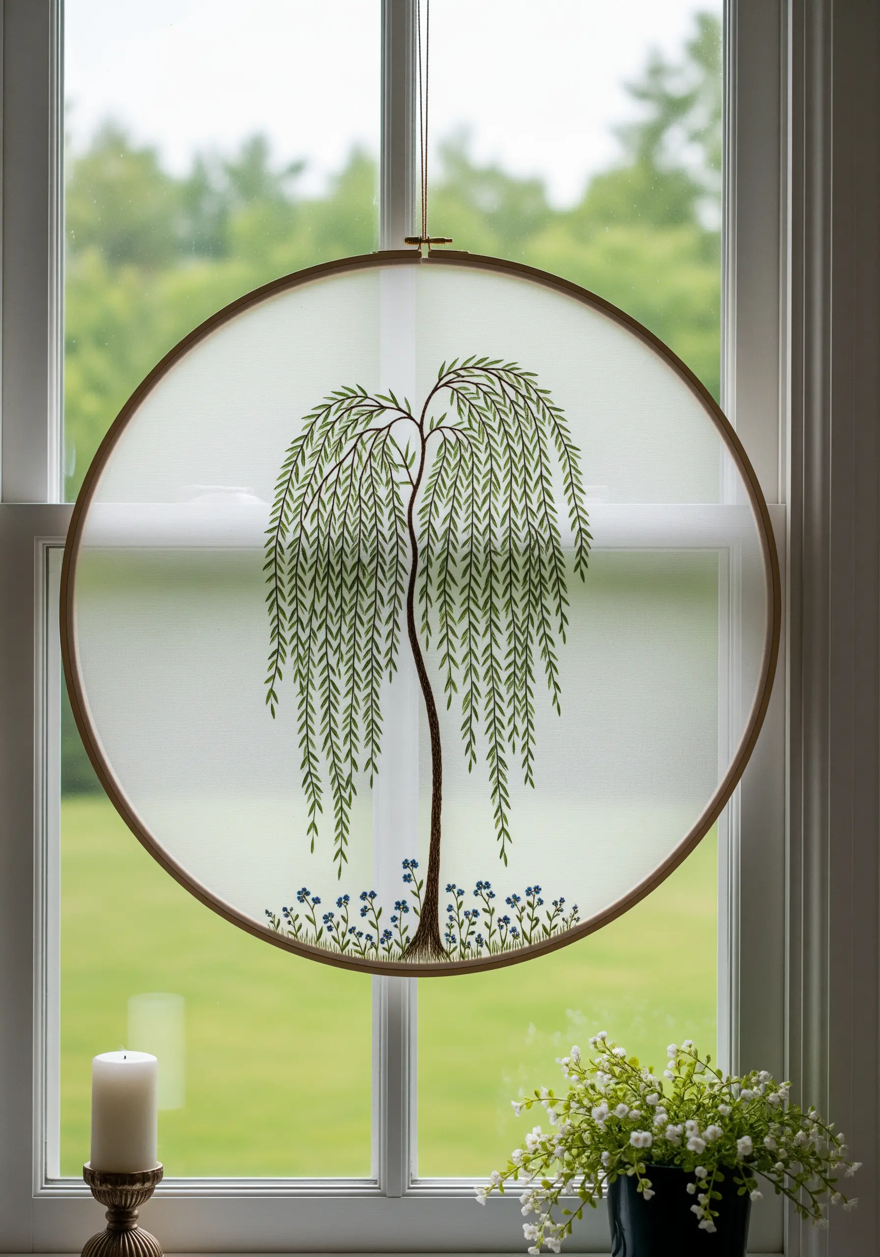 Embroidery of a weeping willow tree stitched on sheer fabric within a hoop frame.