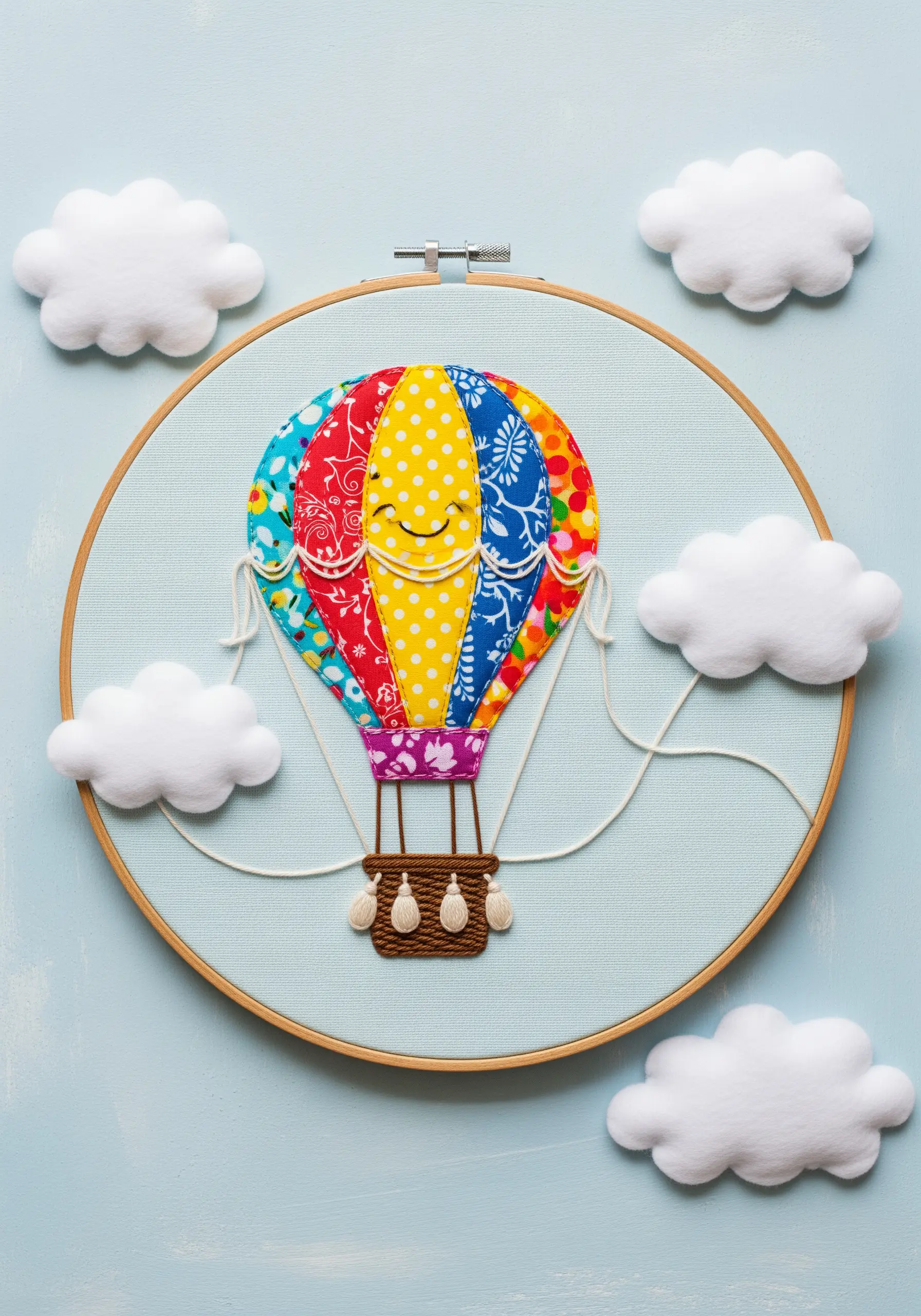 A colorful hot air balloon made from patterned fabric appliqué with embroidered details and soft felt clouds.