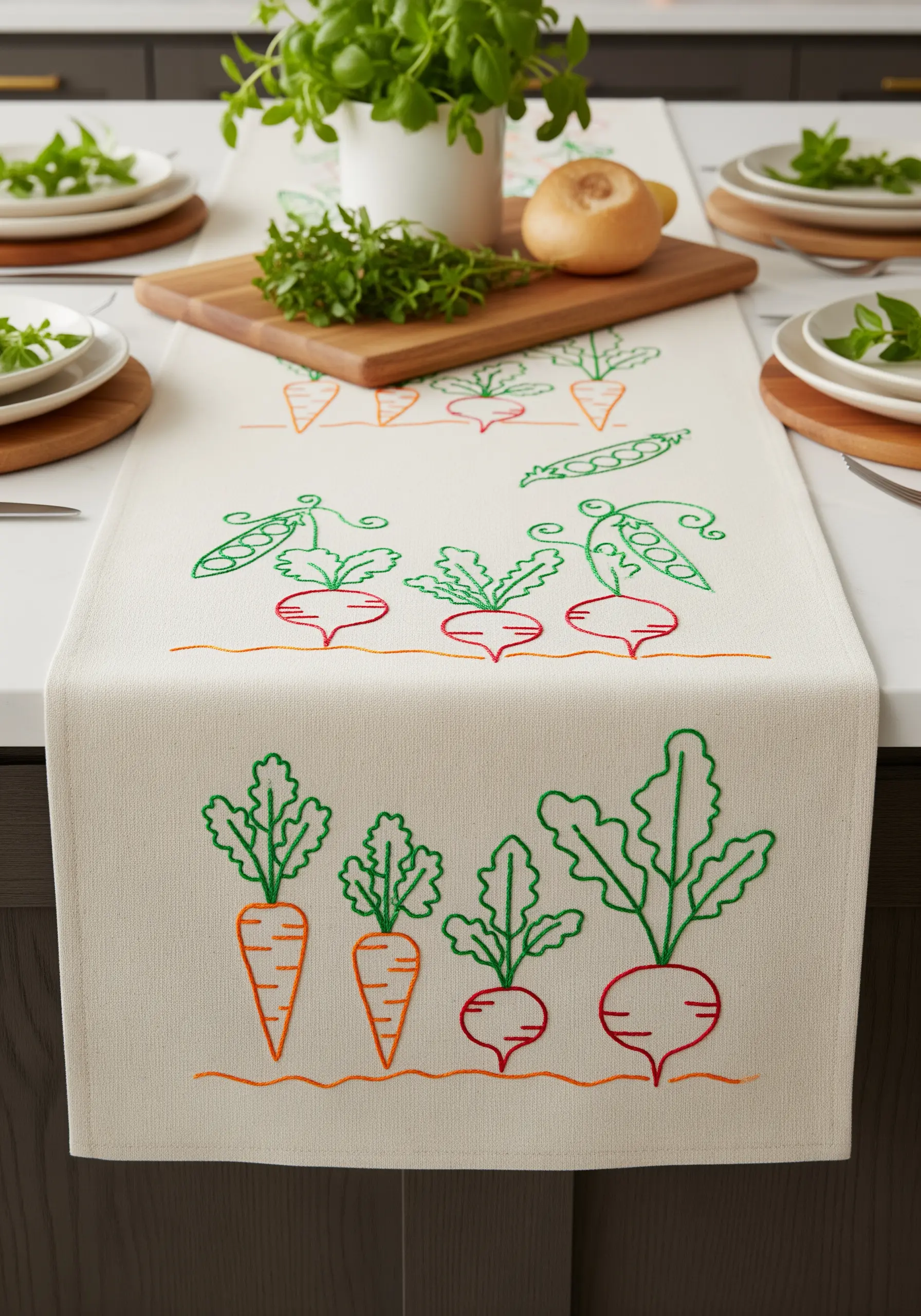 Simple line-art embroidery of carrots, radishes, and peas on a white table runner.