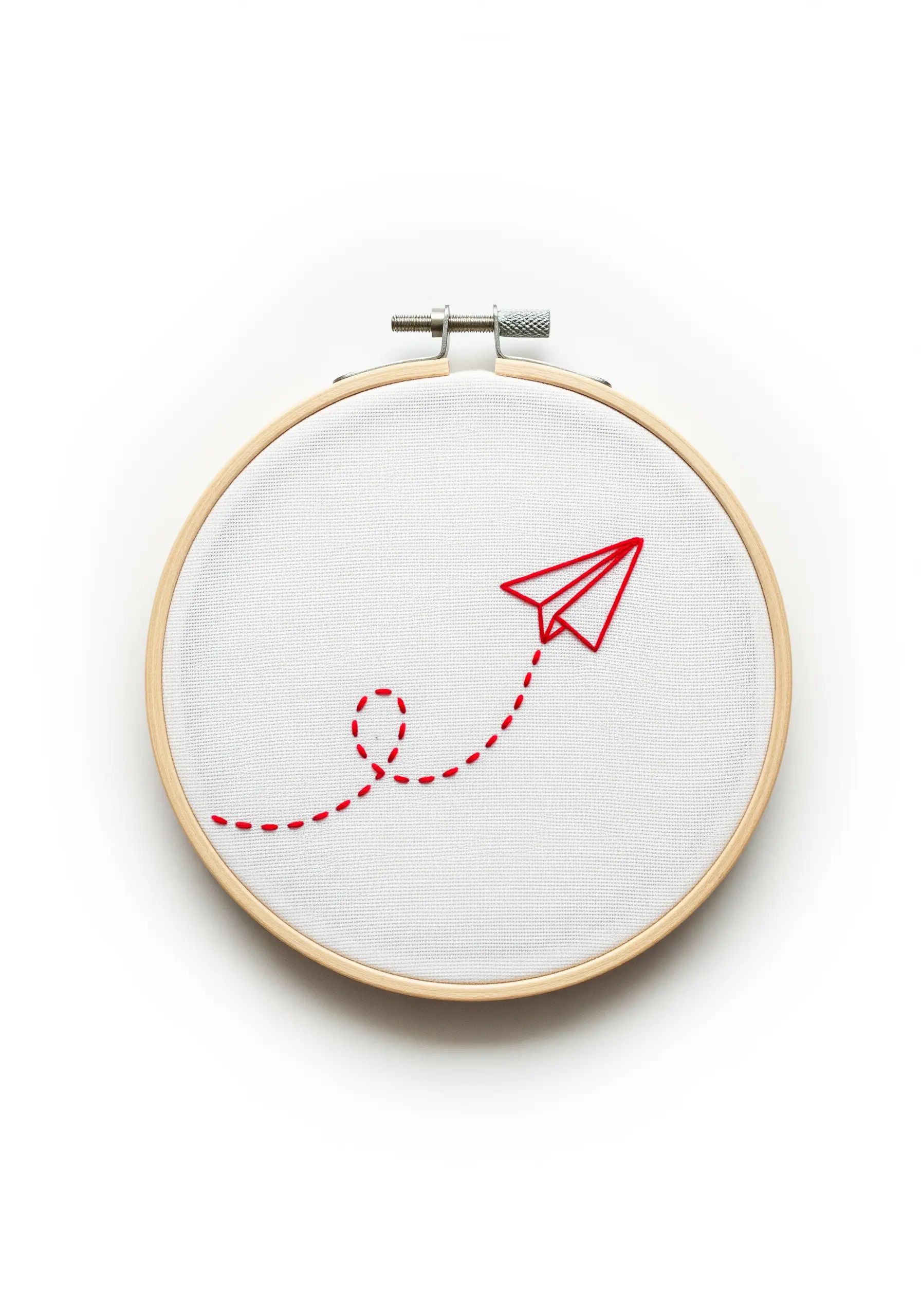 Red paper airplane outline with a dashed line trail embroidered on white fabric.