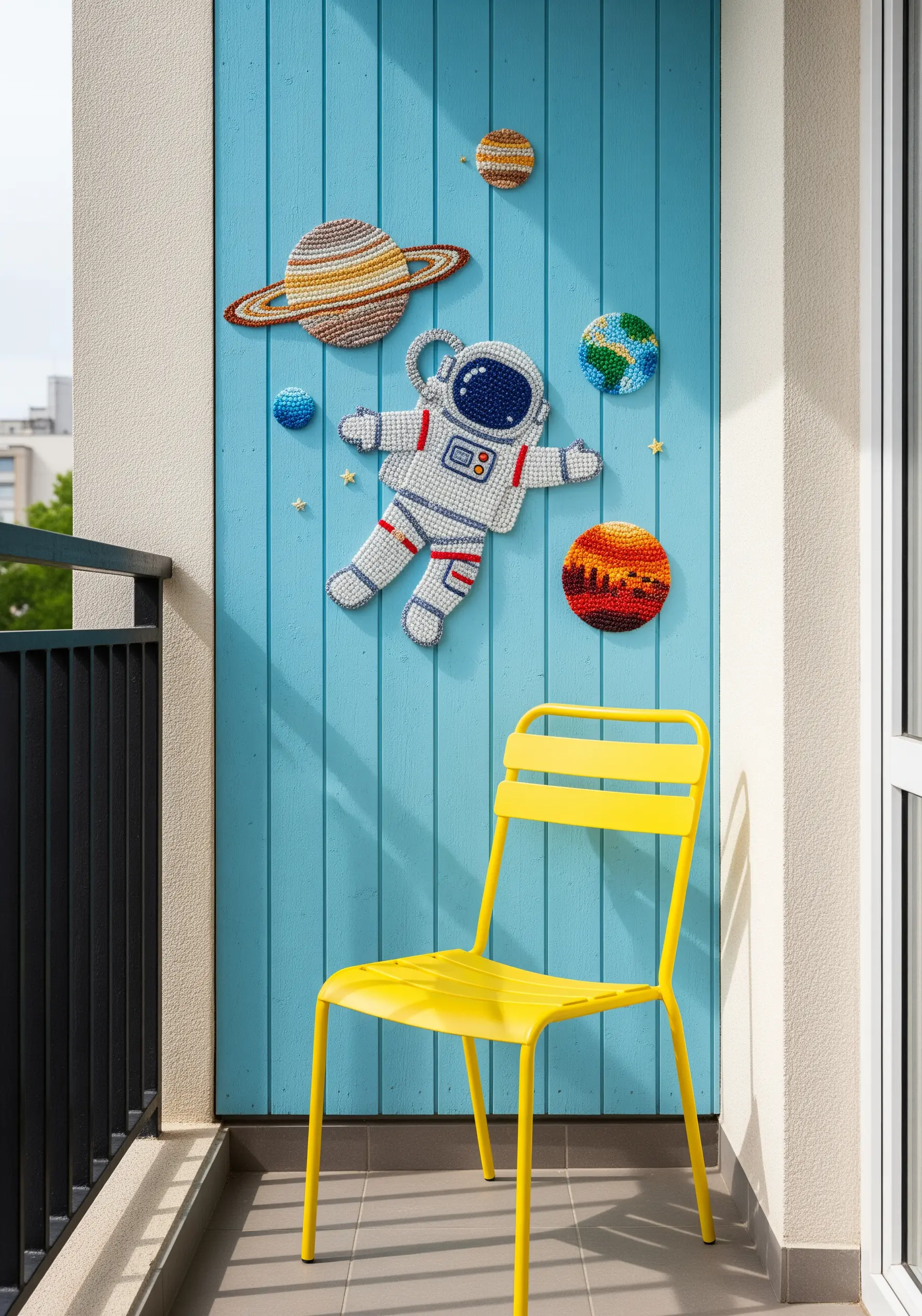 A playful 3D embroidery of an astronaut and planets on a blue wall.