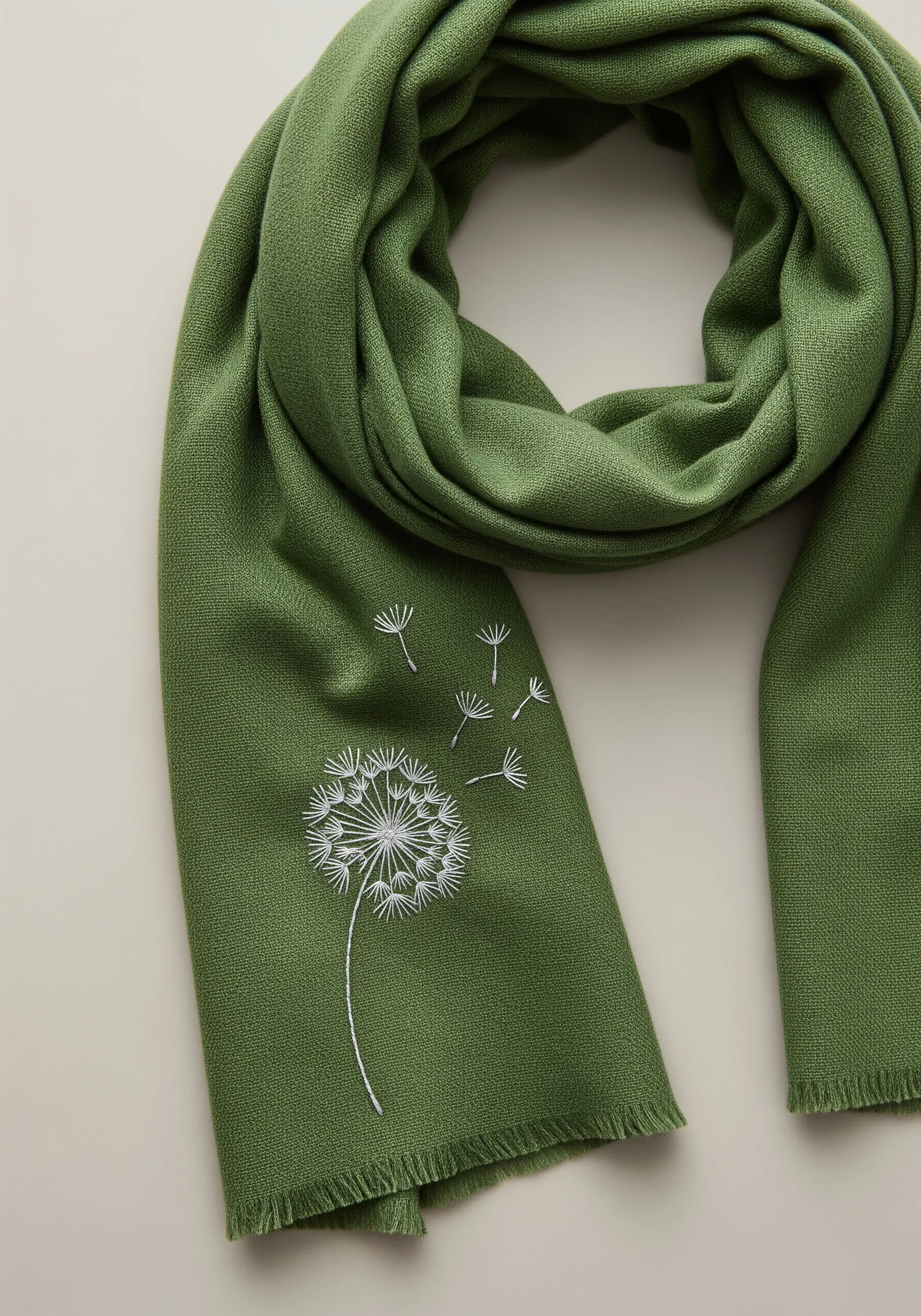 An embroidered dandelion seed head with seeds blowing away on a green scarf.