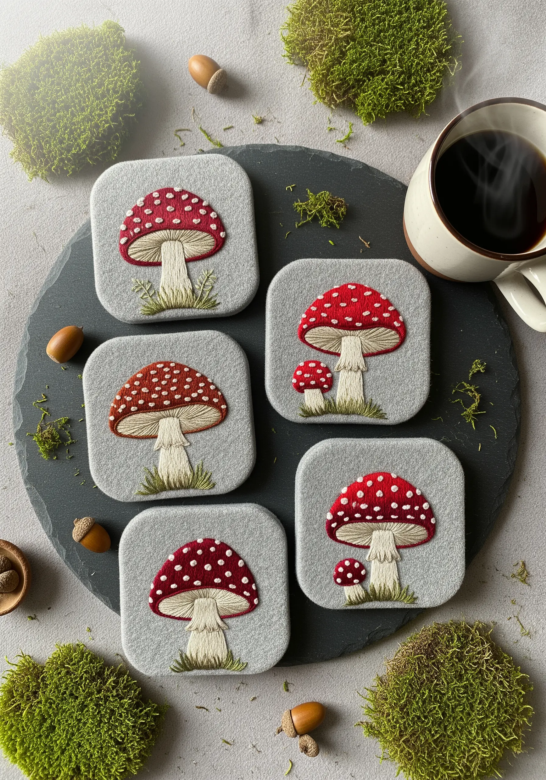 A set of gray felt coasters with hand-embroidered red and white fly agaric mushrooms.