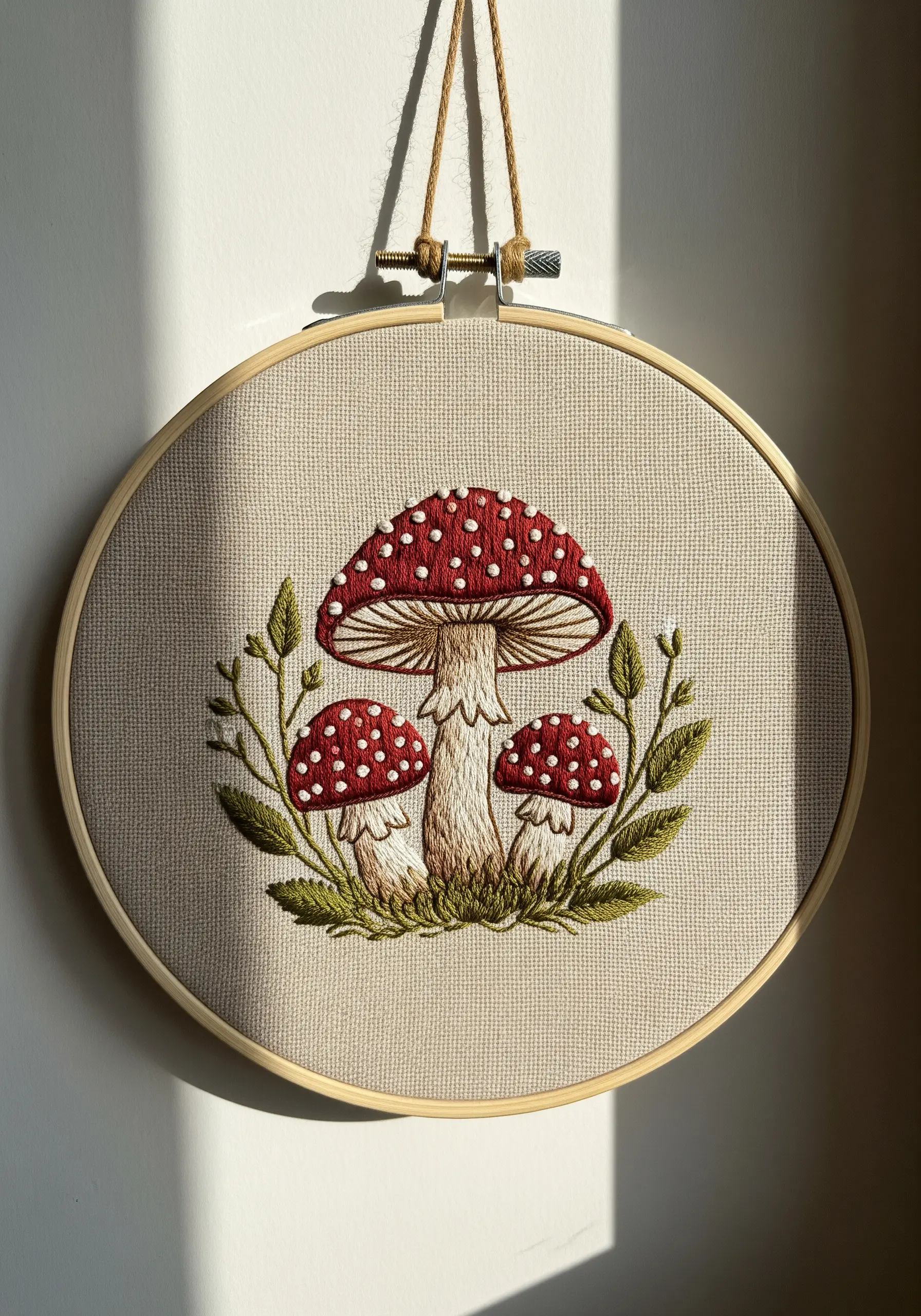 Detailed embroidery of three red-and-white toadstool mushrooms surrounded by green foliage.