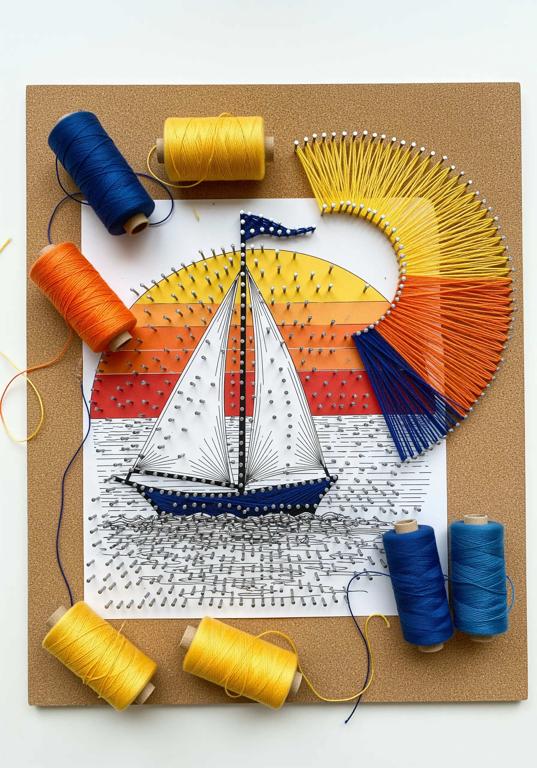 A string art sailboat design in progress on a cork board with spools of thread