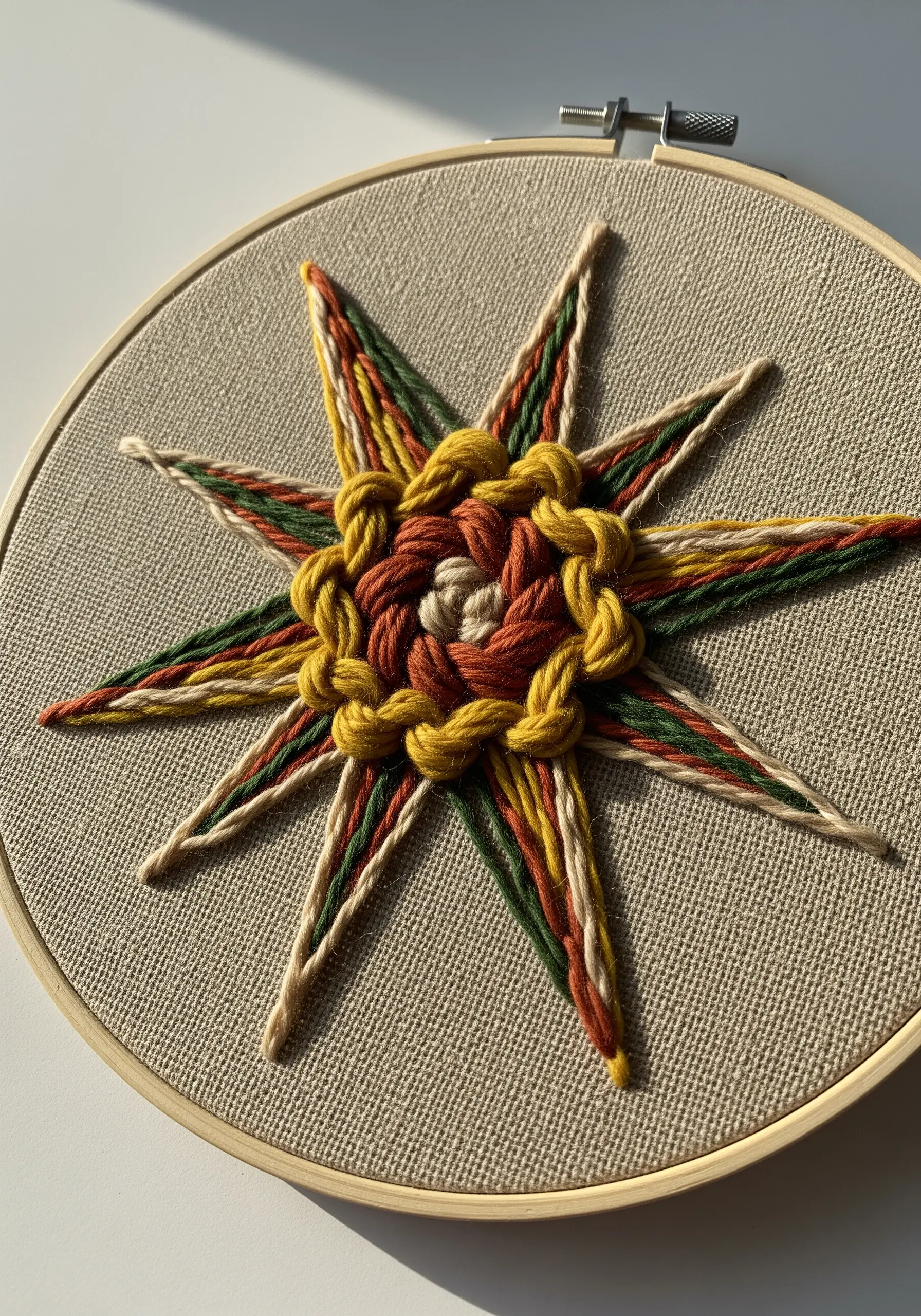 Chunky, knotted starburst embroidery in earthy tones on linen fabric.