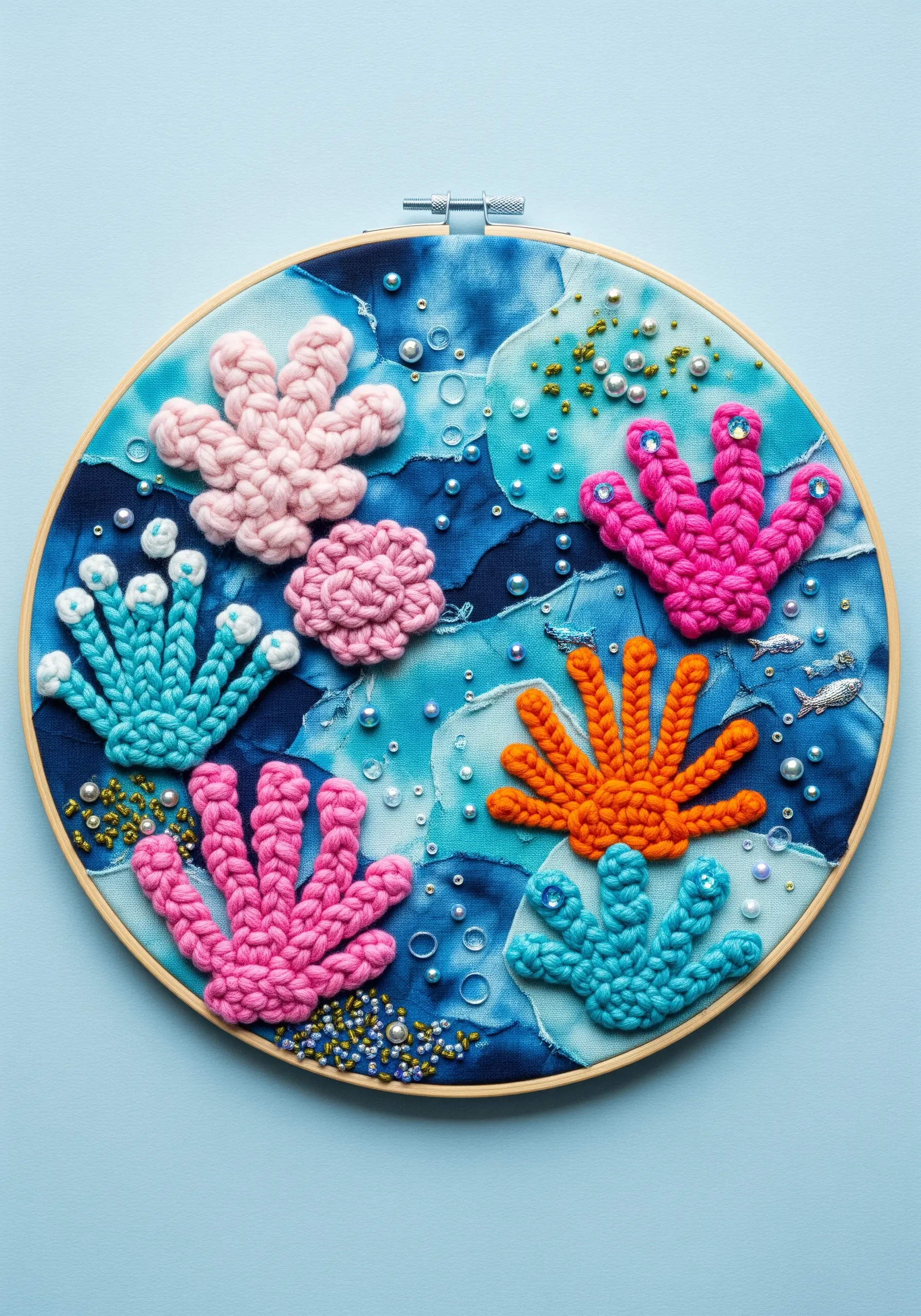 3D embroidered coral reef using chunky yarn and dimensional stitches on a blue tie-dyed fabric.