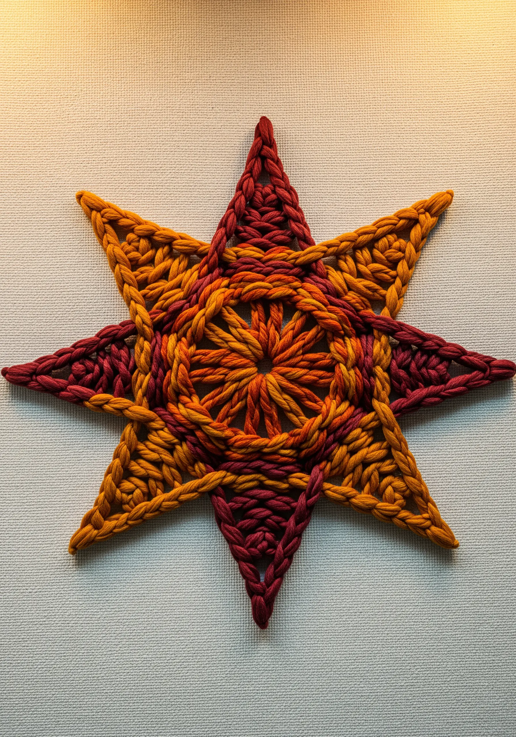 A woven star made from chunky orange and red yarn on a textured canvas.