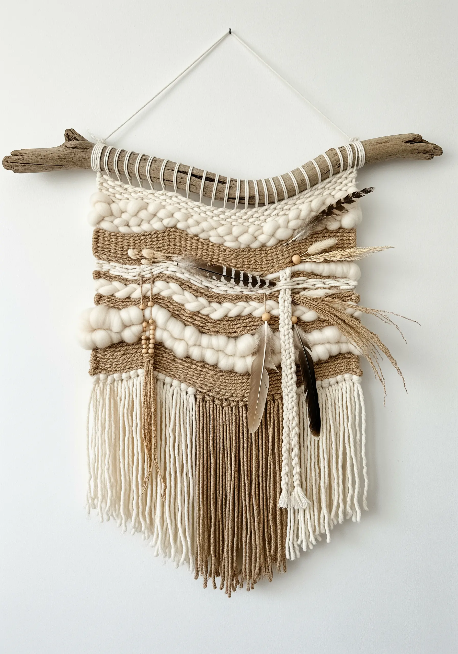 A woven wall hanging on a driftwood branch with feathers, beads, and varied yarn textures.