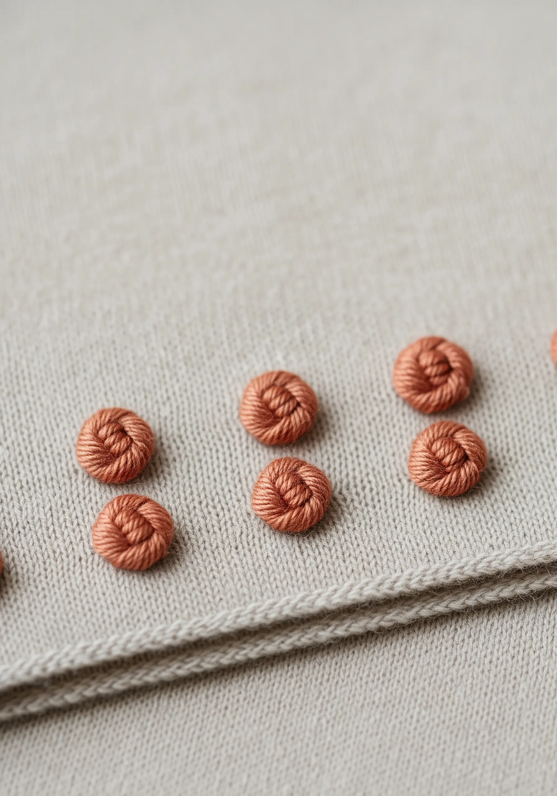 A pattern of raised, woven circular knots in a terracotta color on a beige knit scarf.