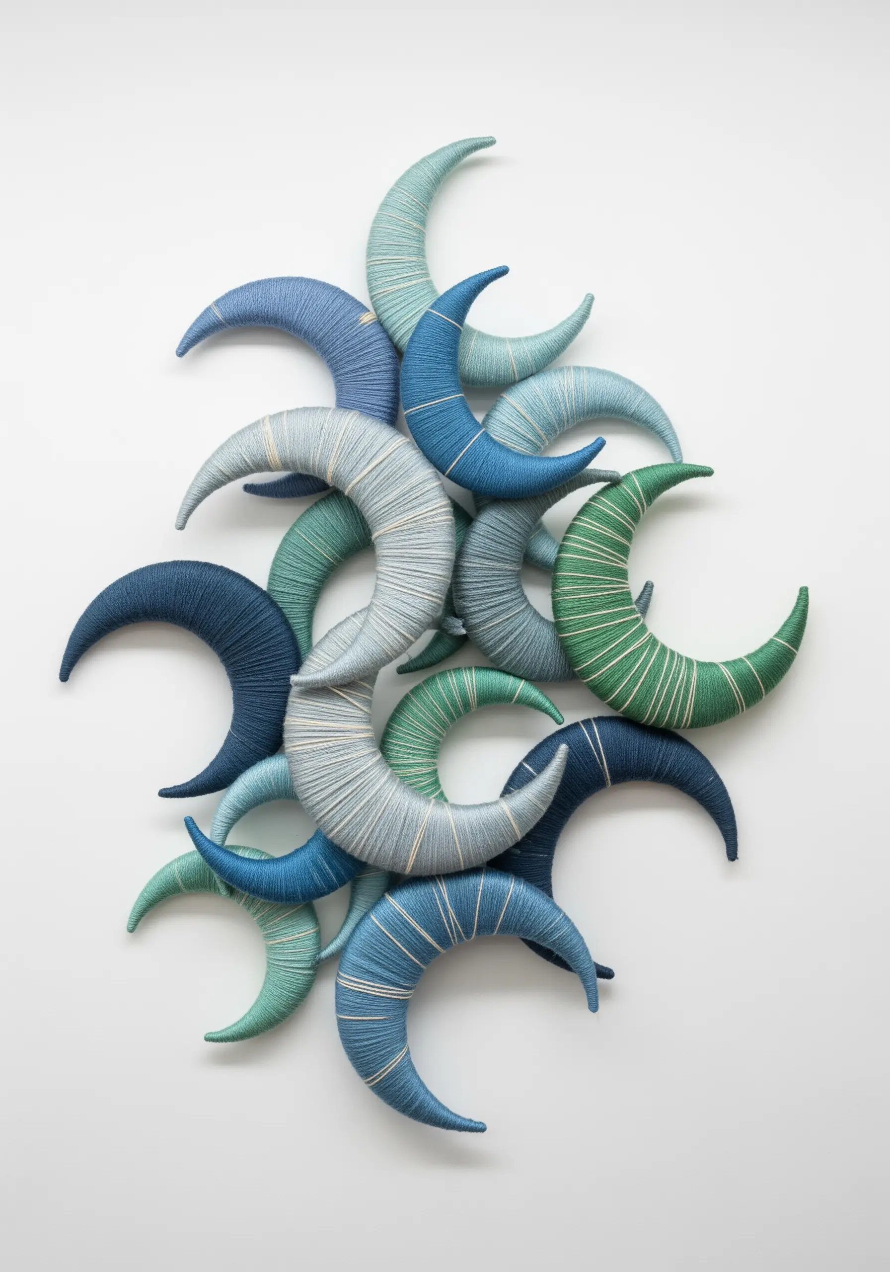 A wall sculpture composed of multiple crescent moon shapes wrapped in blue and green yarns.
