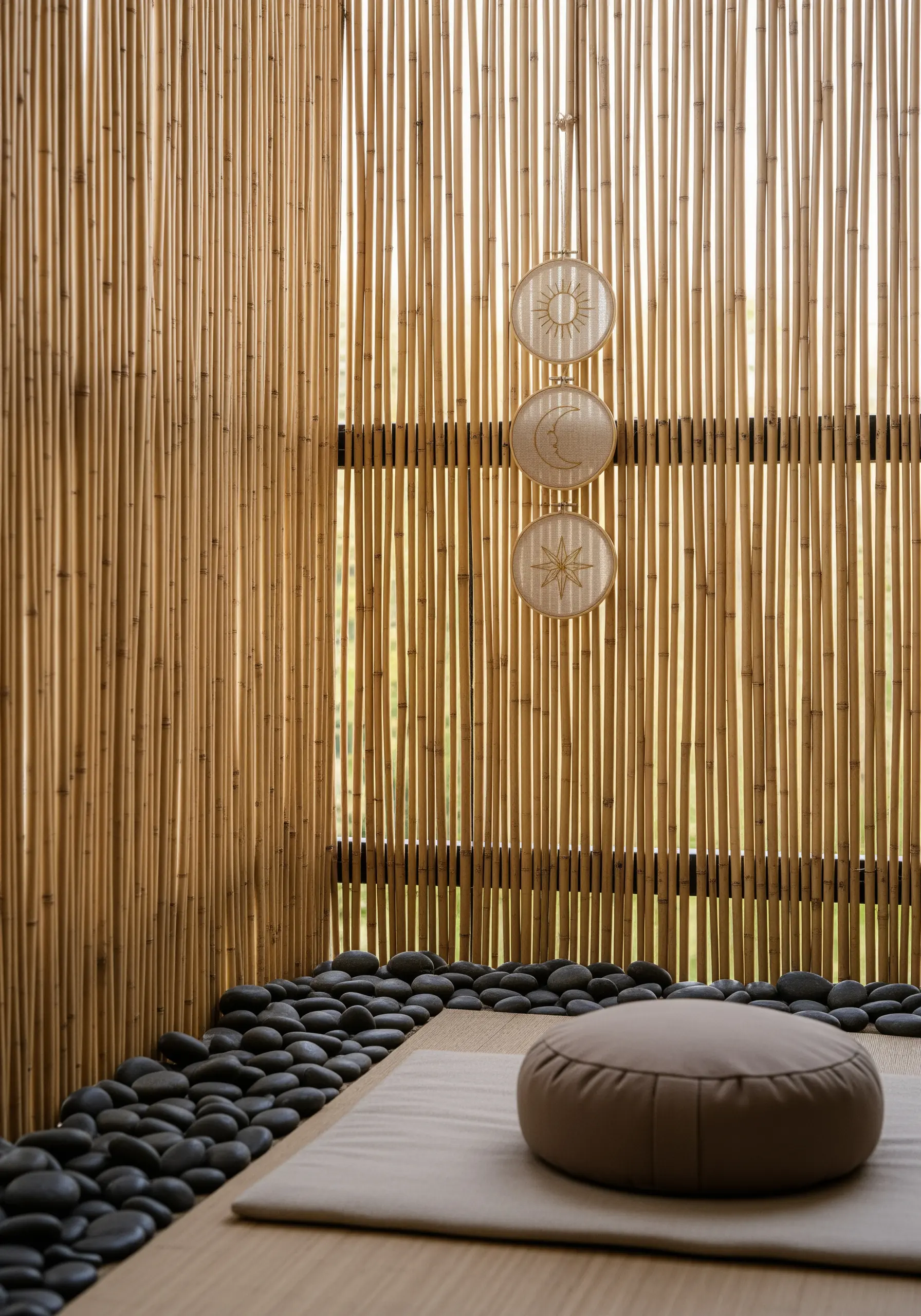 Three minimalist celestial embroideries on sheer fabric in a zen-like space.