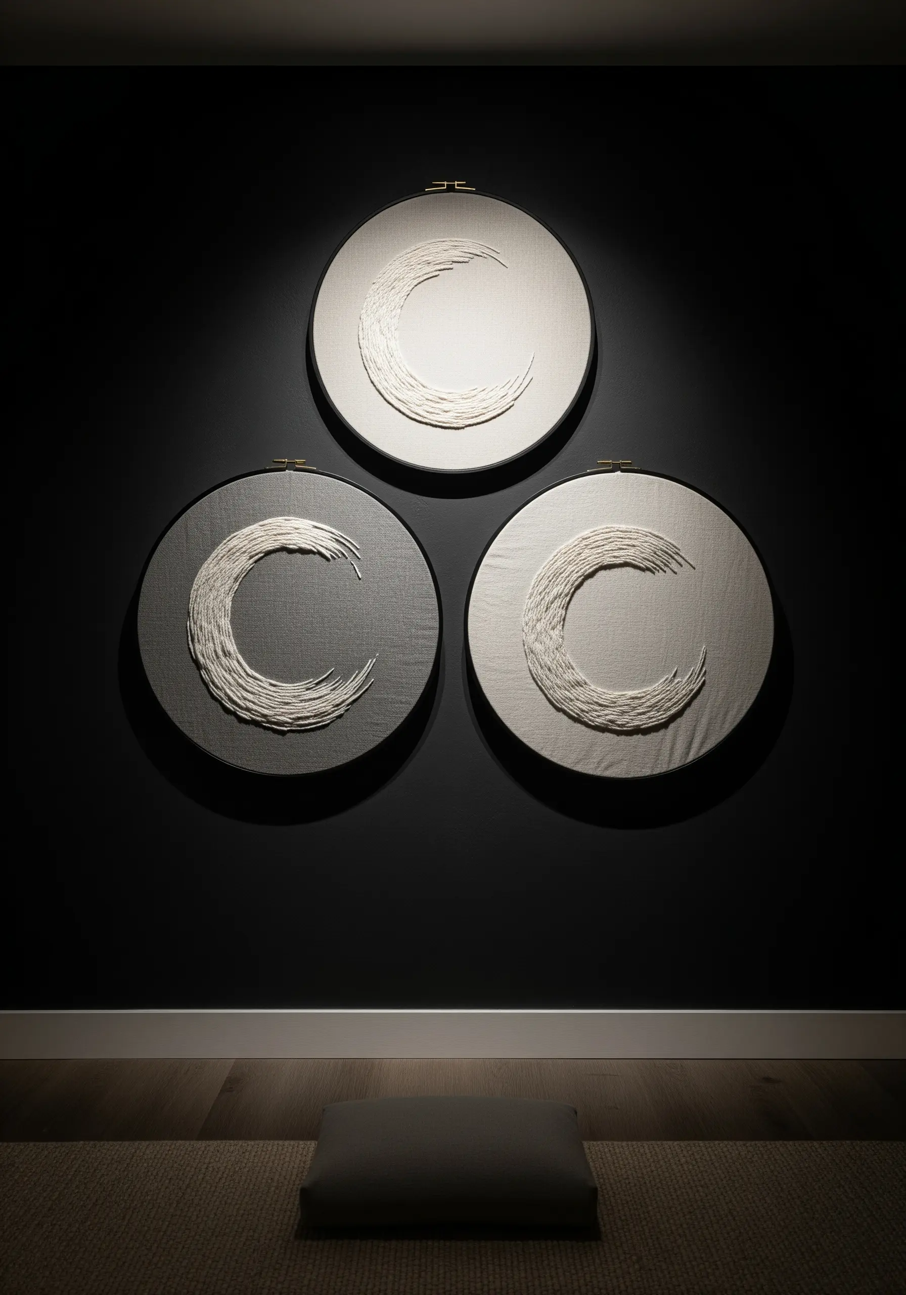 A triptych of large embroidery hoops featuring textured, crescent-shaped strokes in white thread.