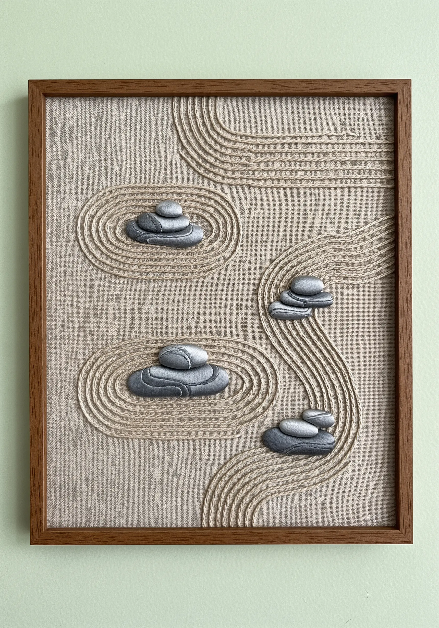 A framed zen garden embroidery with padded satin stitch stones and stitched raked sand lines.