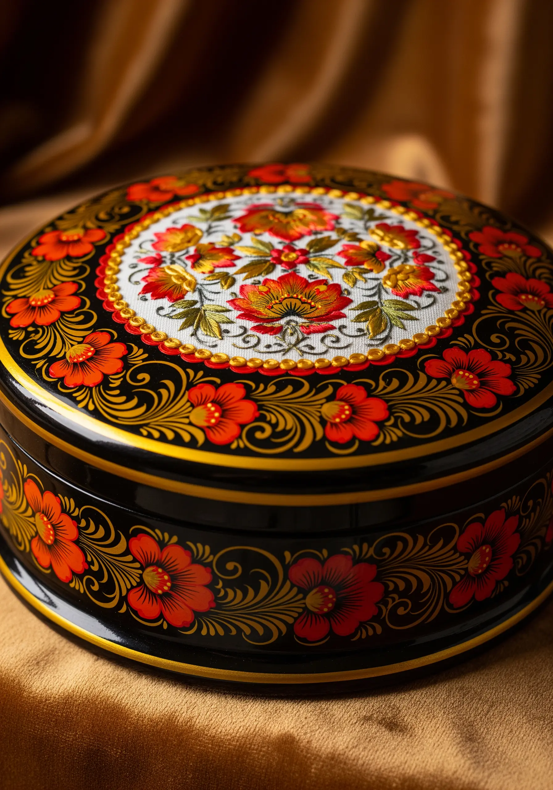 A Russian lacquer box with vibrant, painted-style floral embroidery on the lid.