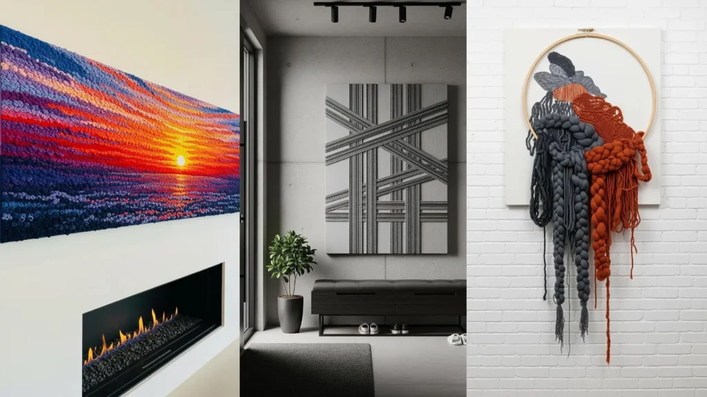 A collage showing abstract embroidery stitches used to create bold wall sculptures, like a sunset and geometric art.
