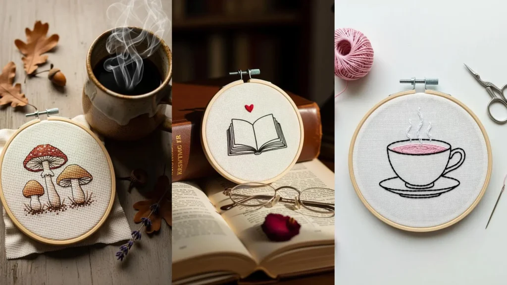 A collage of adorable mini-stitch ideas, showing embroidered mushrooms, a book, and a teacup as perfect gifts.