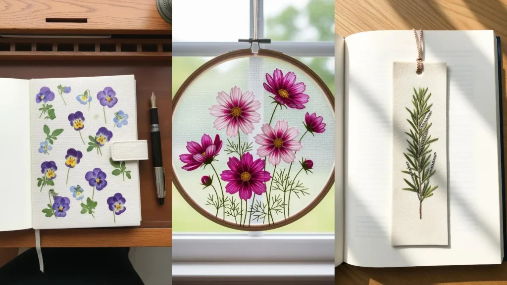 Botanical pressed flower designs for kids, including a notebook, embroidered cosmos, and a bookmark.