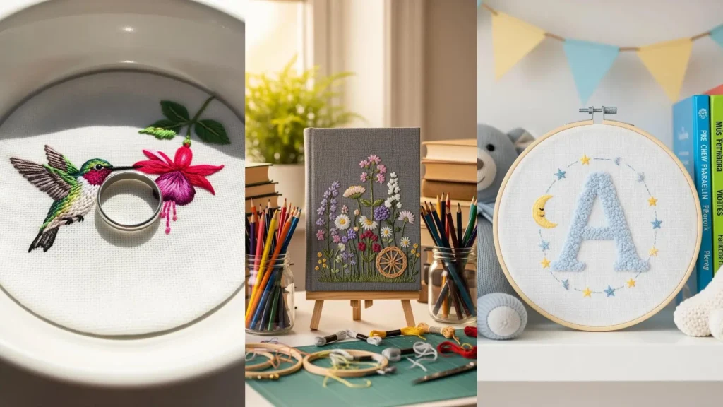 Three creative embroidery gifts in a cozy collage: an embroidered journal, a baby's monogram, and a hummingbird hoop.
